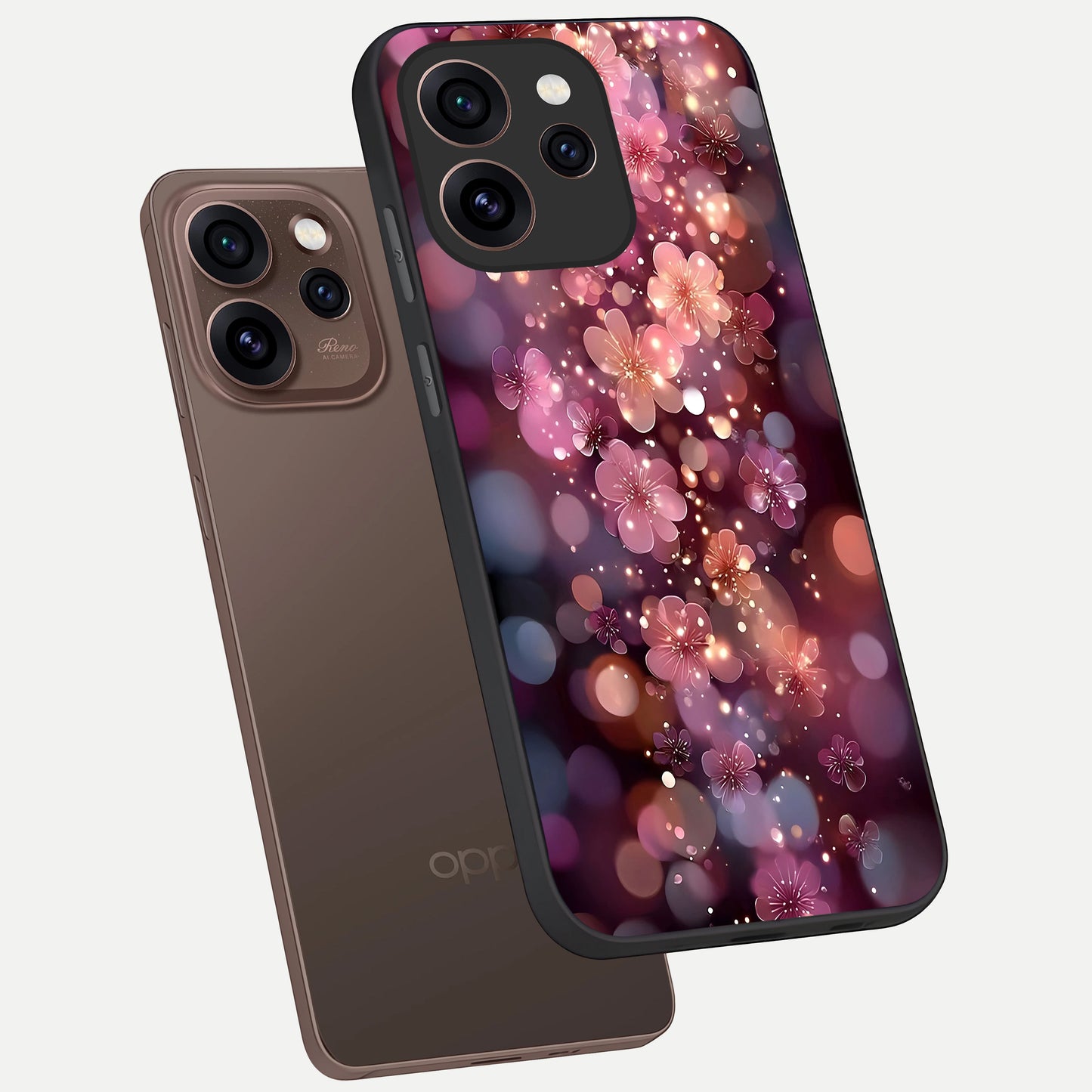 Glowing Petal Bliss phone case For Oppo Reno 15 Pro showing premium glass back cover with detailed artwork