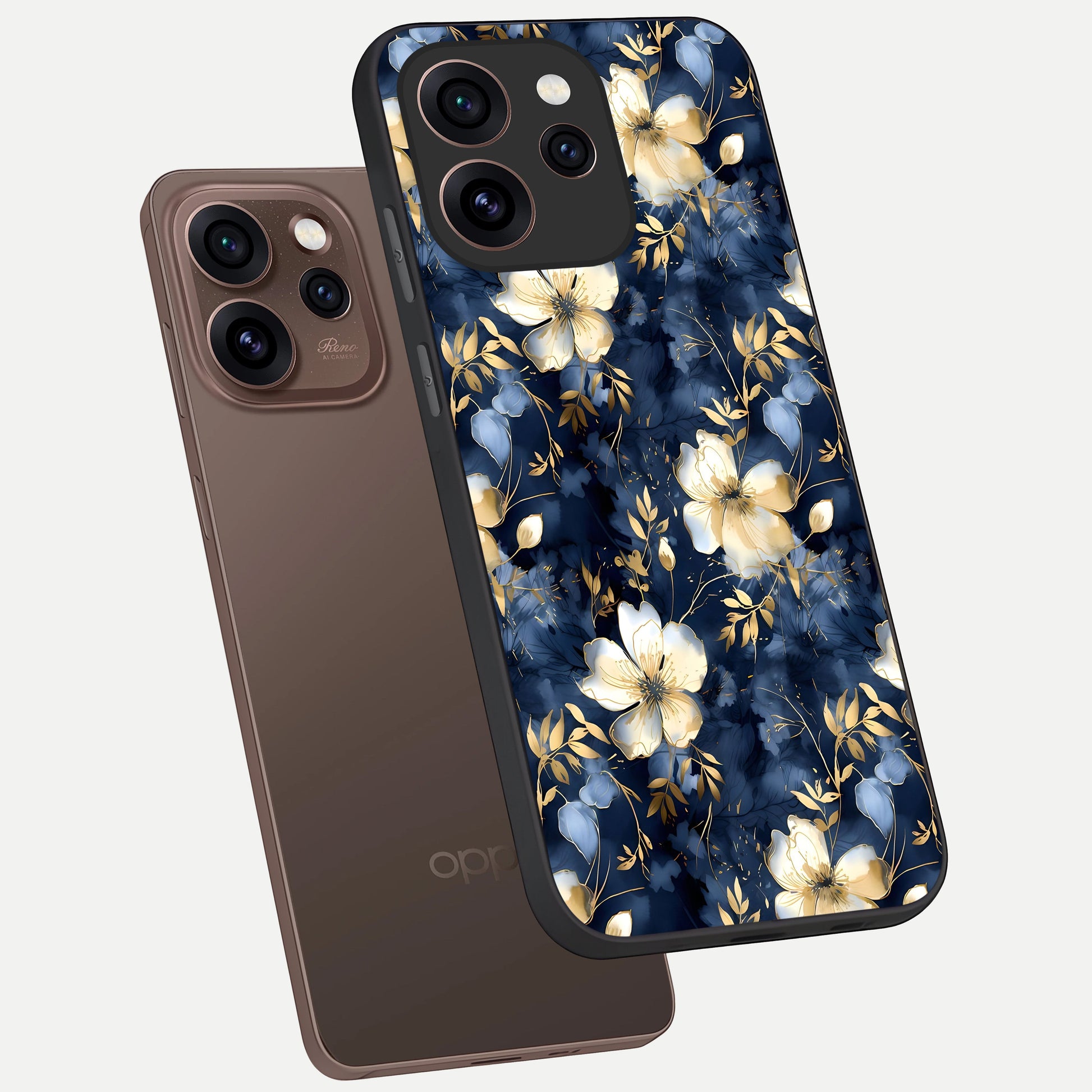  Golden Midnight Bloom phone case For Oppo Reno 15 Pro showing premium glass back cover with detailed artwork
