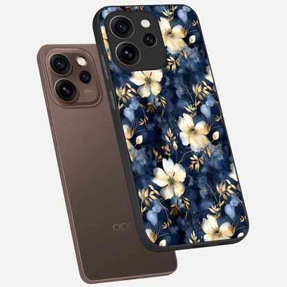  Golden Midnight Bloom phone case For Oppo Reno 15 Pro showing premium glass back cover with detailed artwork