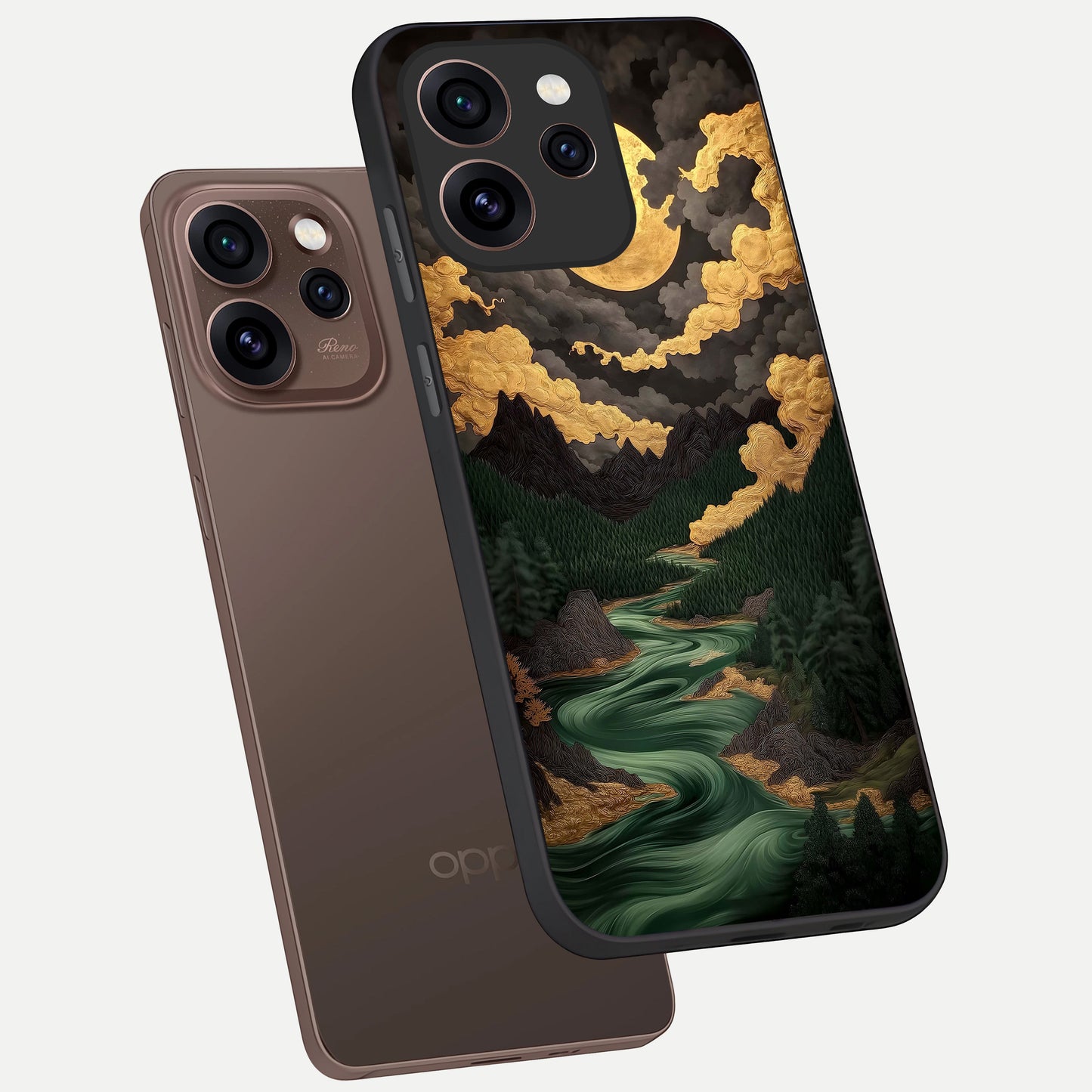  Golden River Moon phone case For Oppo Reno 15 Pro showing premium glass back cover with detailed artwork
