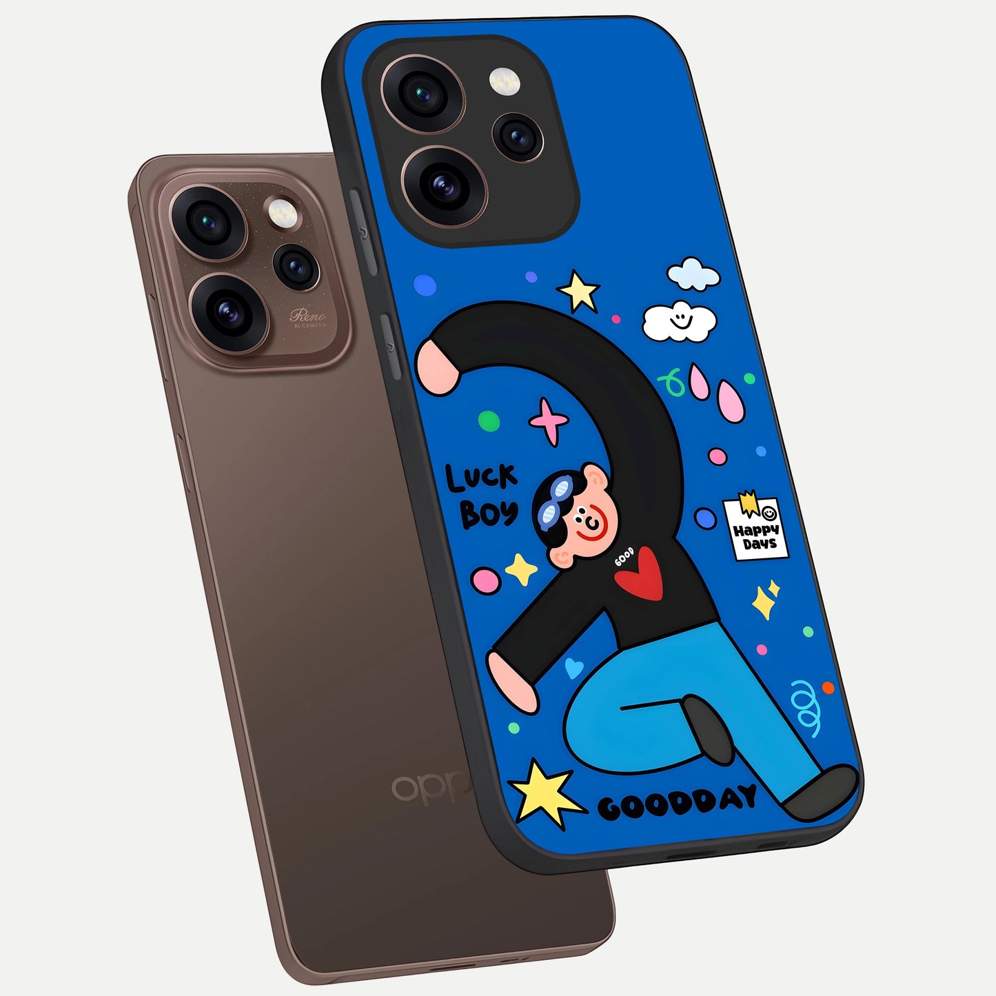  Happy Luck Vibe phone case For Oppo Reno 15 Pro showing premium glass back cover with detailed artwork