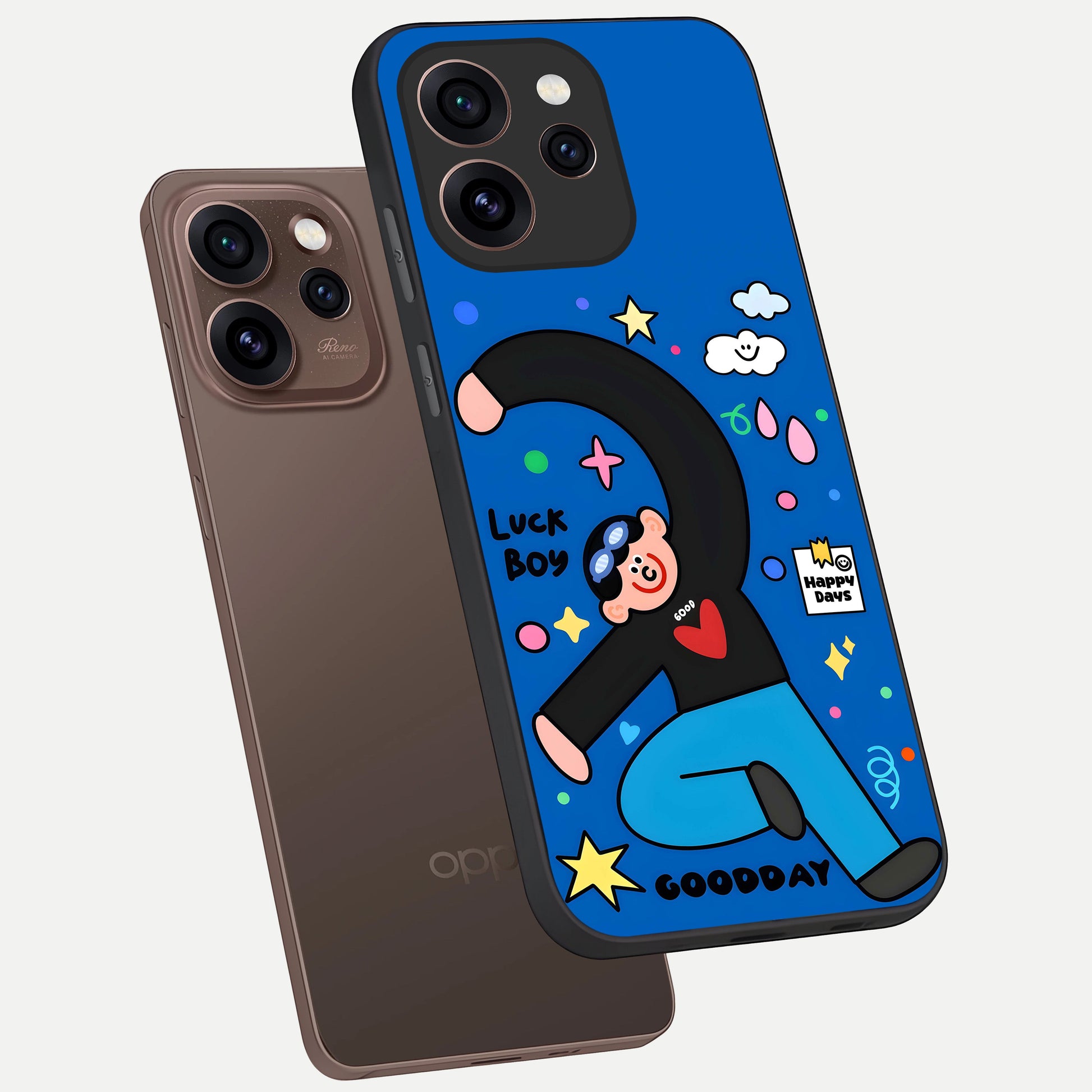  Happy Luck Vibe phone case For Oppo Reno 15 Pro showing premium glass back cover with detailed artwork