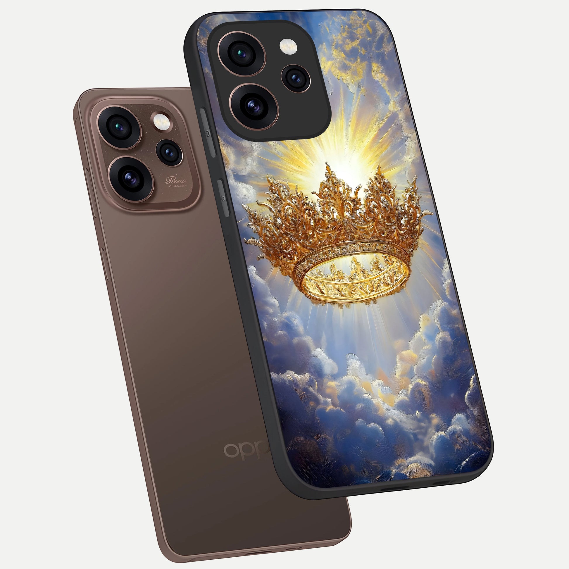  Heavenly Crown Light phone case For Oppo Reno 15 Pro showing premium glass back cover with detailed artwork