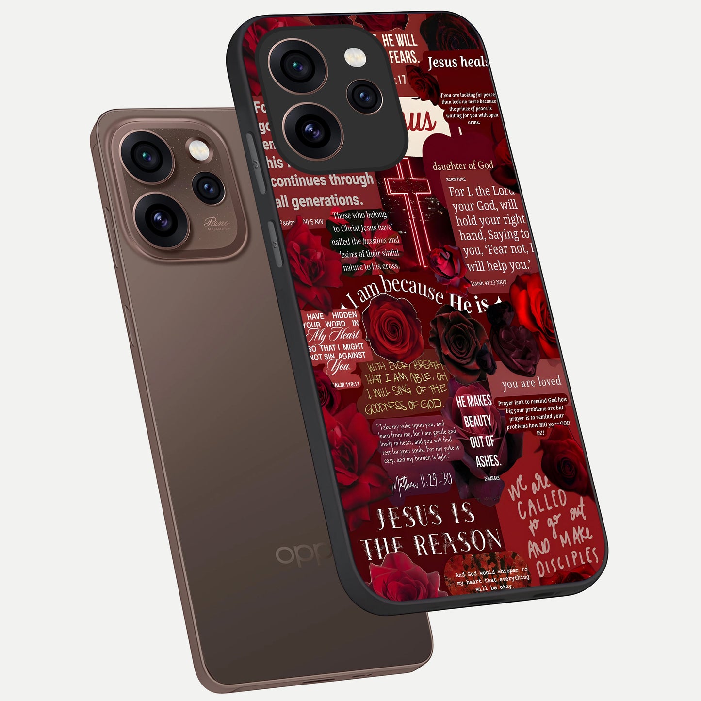  Jesus Love Heals phone case For Oppo Reno 15 Pro showing premium glass back cover with detailed artwork