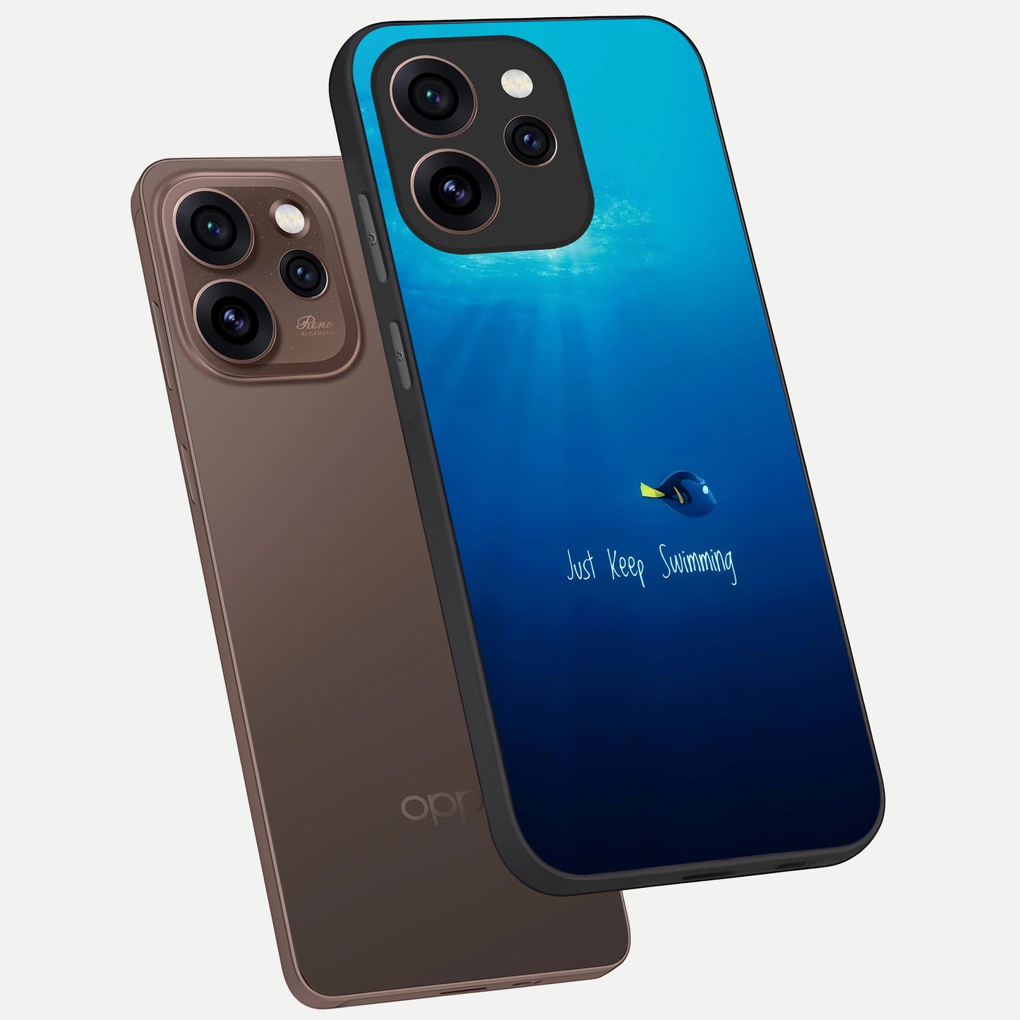  Just Keep Swimming phone case For Oppo Reno 15 Pro showing premium glass back cover with detailed artwork