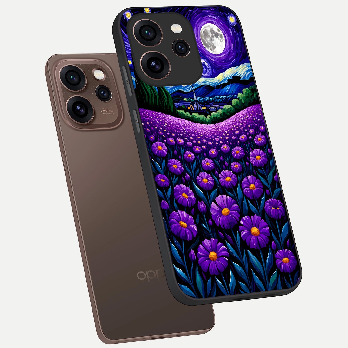  Lavender Moon Field phone case For Oppo Reno 15 Pro showing premium glass back cover with detailed artwork