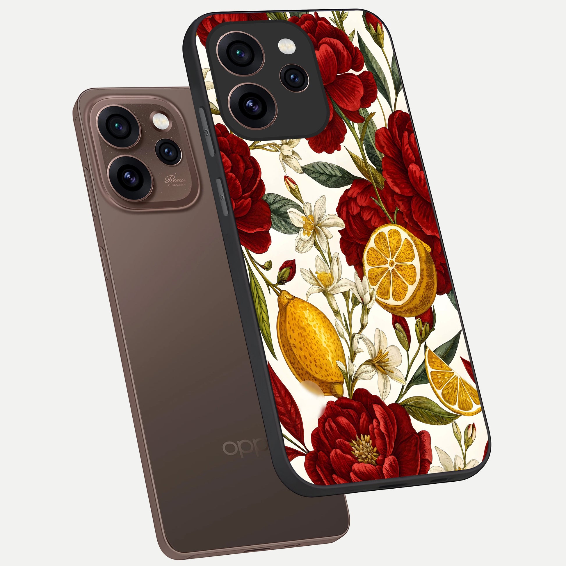 Lemon Rose Charm phone case For Oppo Reno 15 Pro showing premium glass back cover with detailed artwork