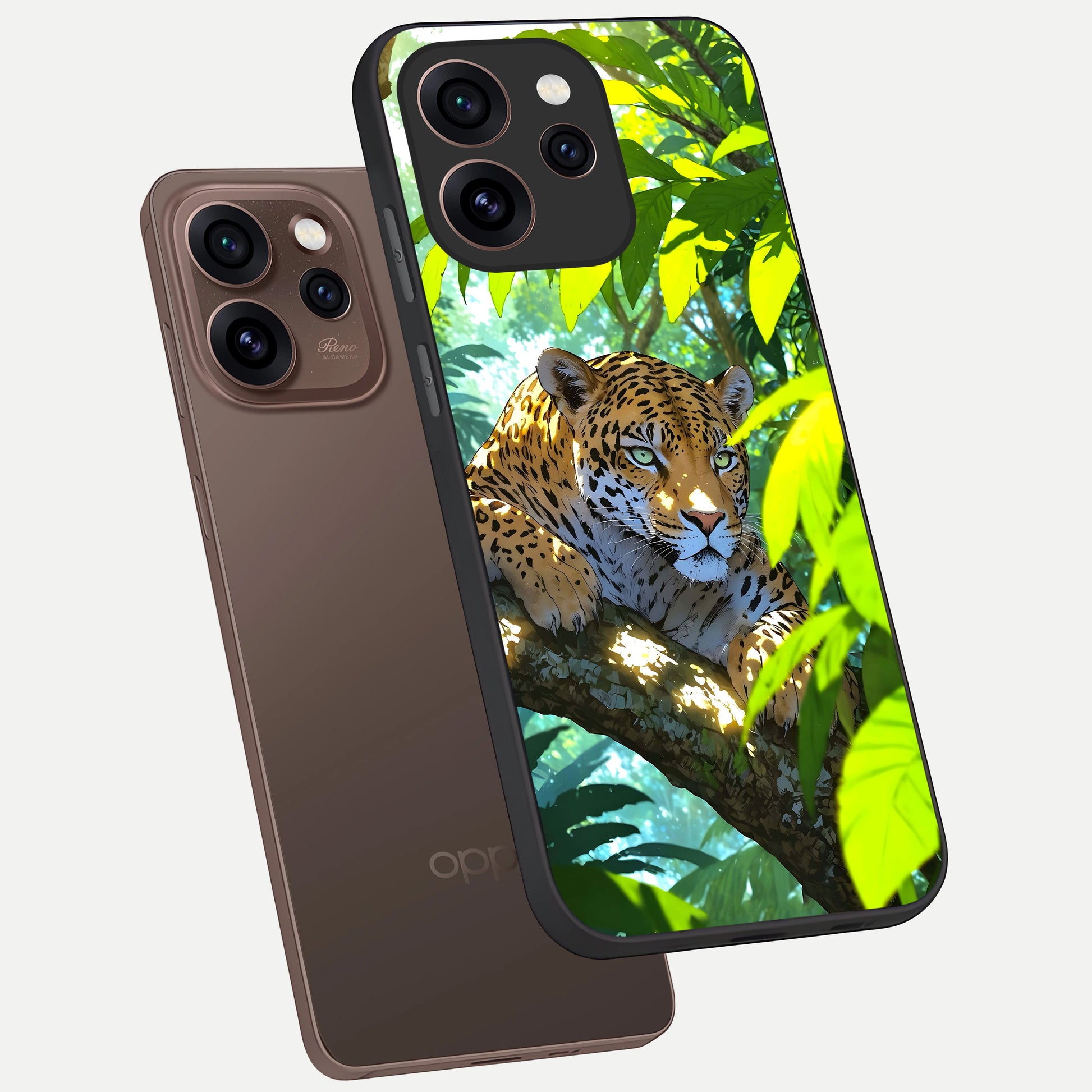  Leopard in Jungle phone case For Oppo Reno 15 Pro showing premium glass back cover with detailed artwork