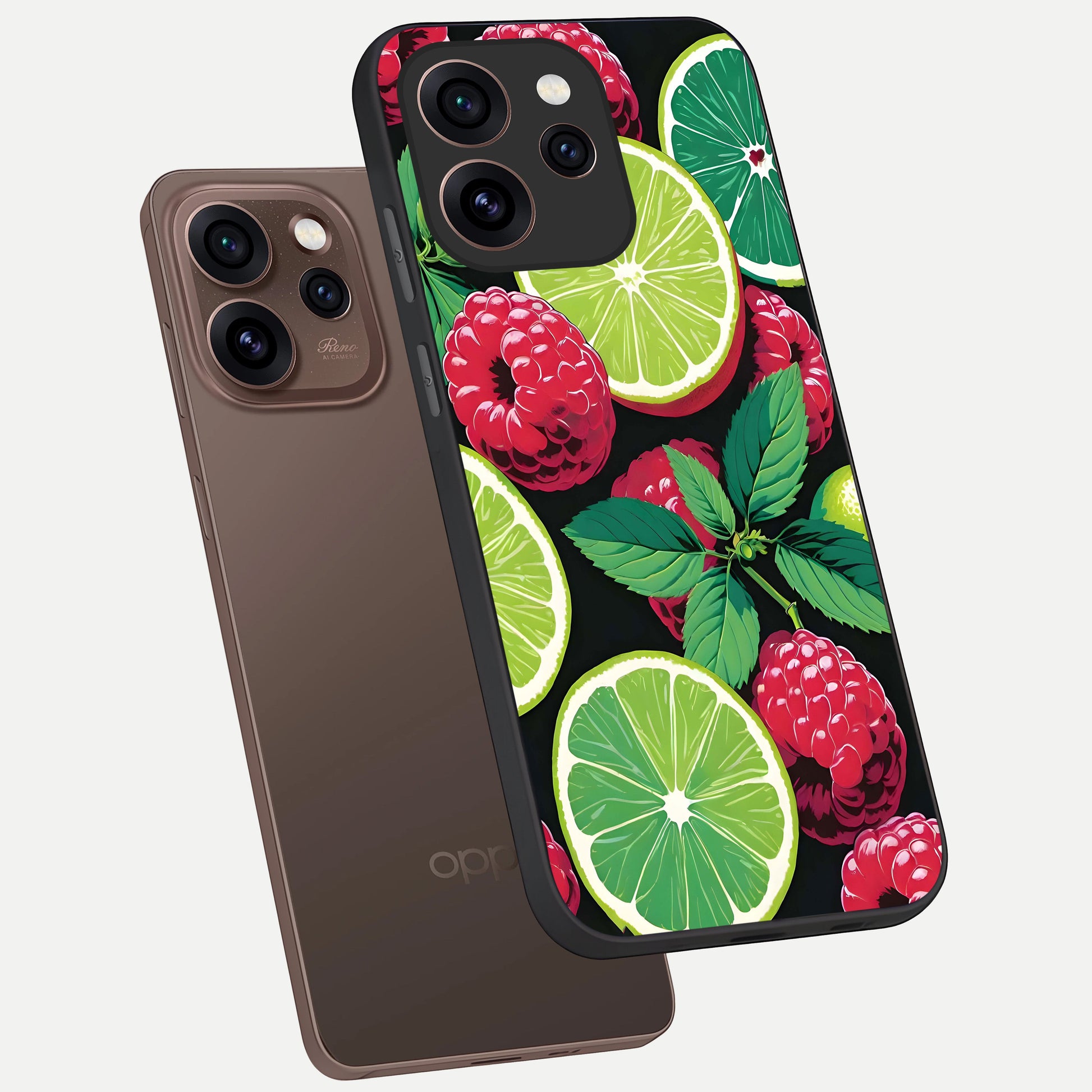  Lime and Raspberry Pattern phone case For Oppo Reno 15 Pro showing premium glass back cover with detailed artwork