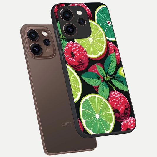  Lime and Raspberry Pattern phone case For Oppo Reno 15 Pro showing premium glass back cover with detailed artwork