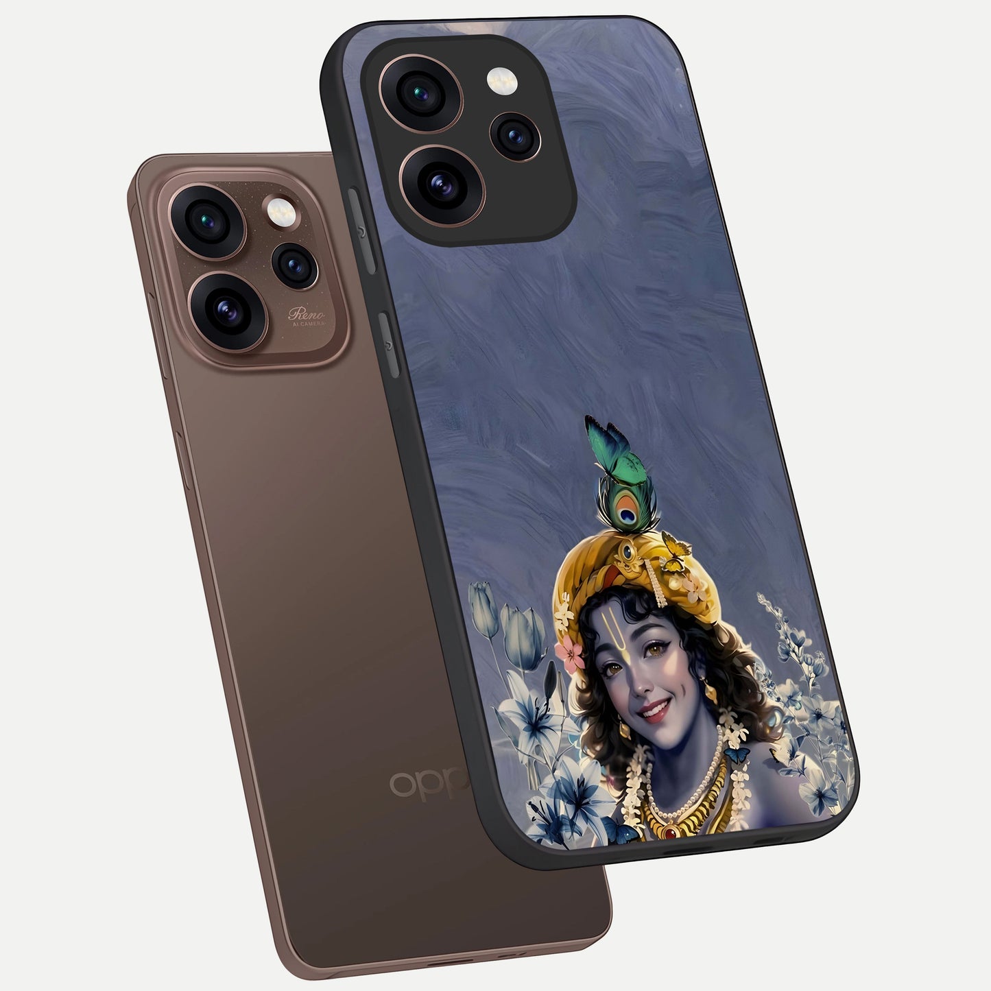  Lord Krishna phone case For Oppo Reno 15 Pro showing premium glass back cover with detailed artwork