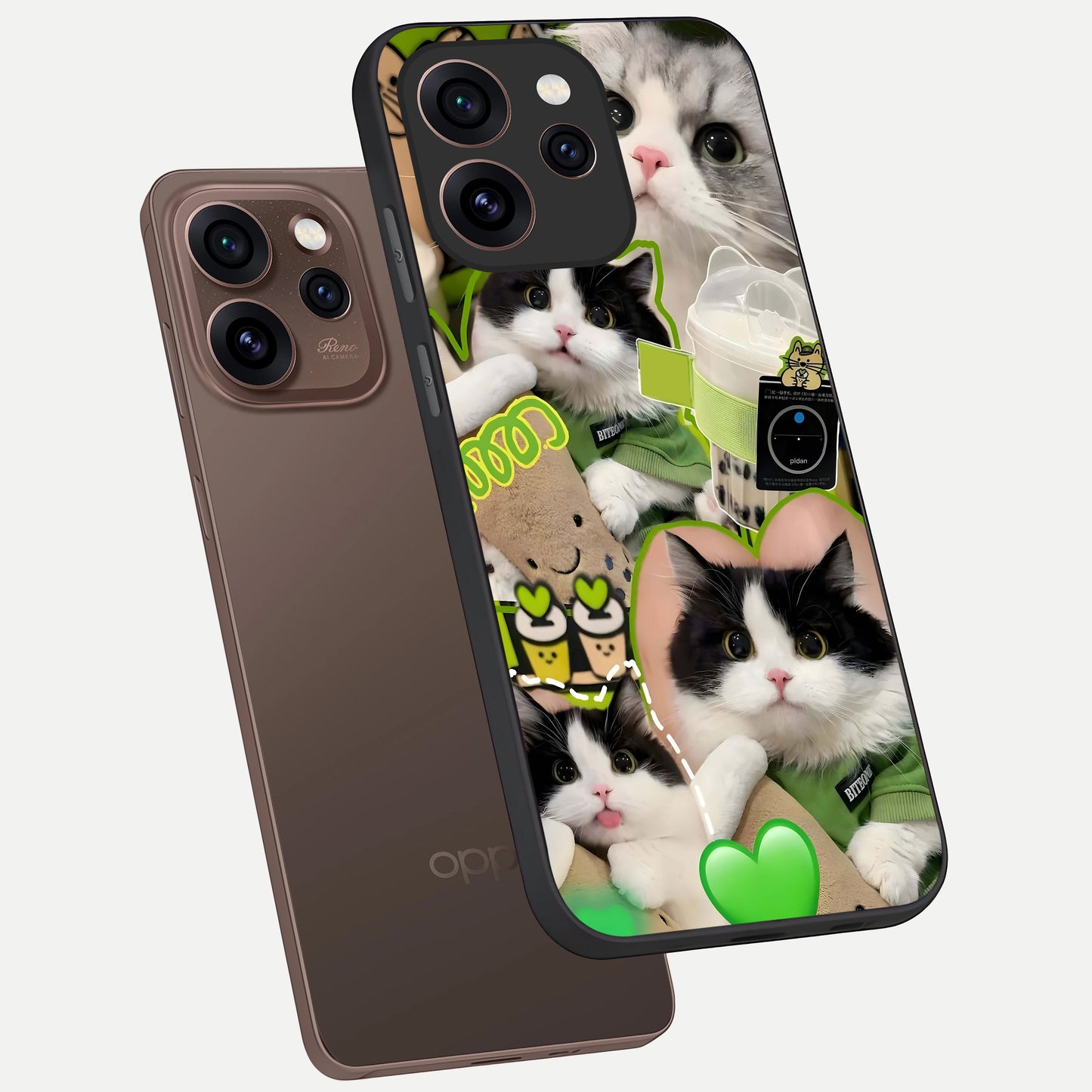 Matcha Cats Mood phone case For Oppo Reno 15 Pro showing premium glass back cover with detailed artwork
