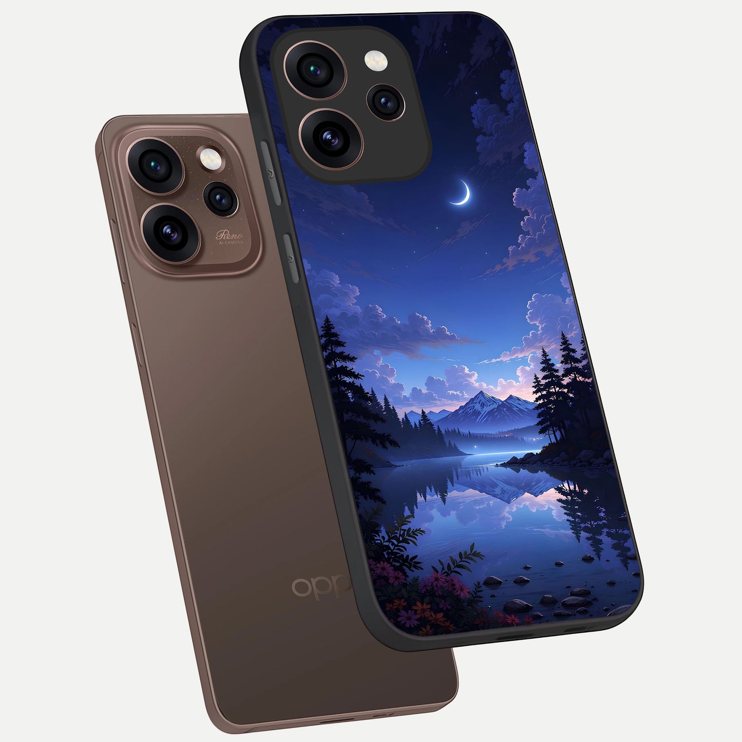  Midnight Lake Peace phone case For Oppo Reno 15 Pro showing premium glass back cover with detailed artwork