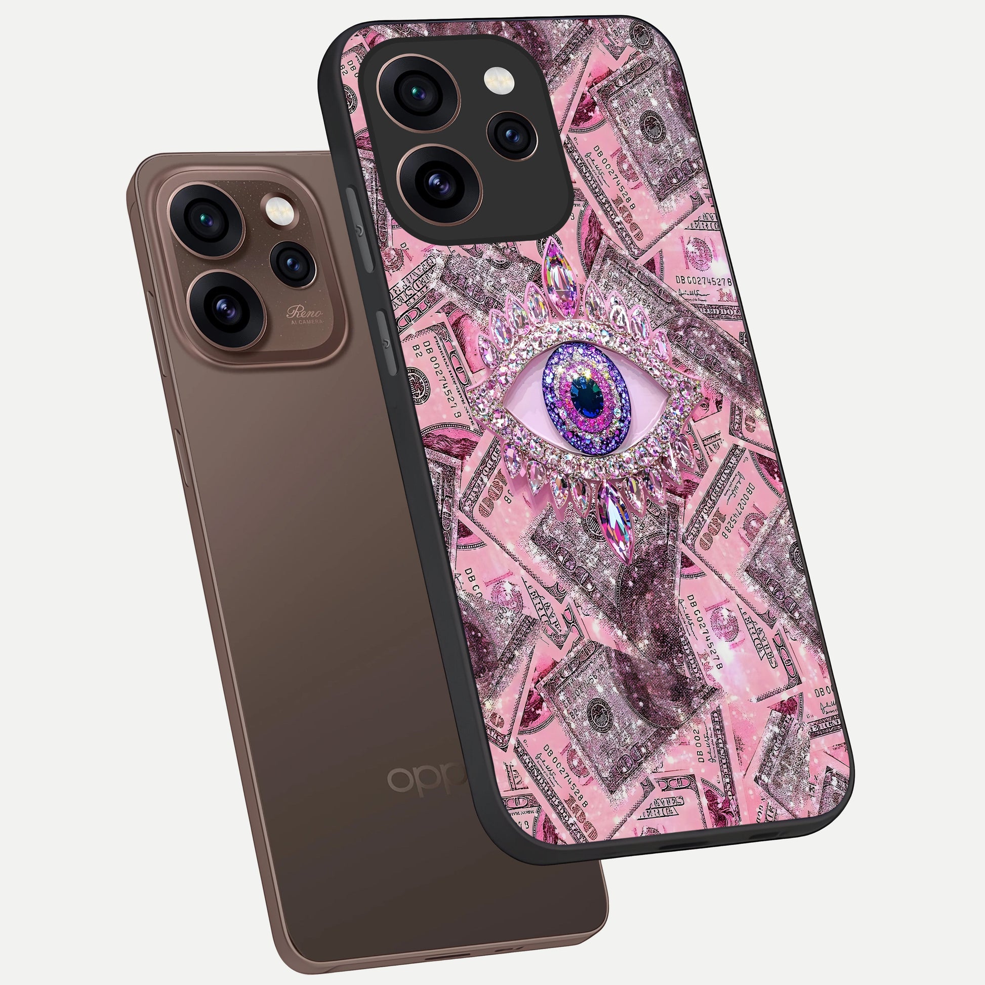 Money Eye Luxe phone case For Oppo Reno 15 Pro showing premium glass back cover with detailed artwork