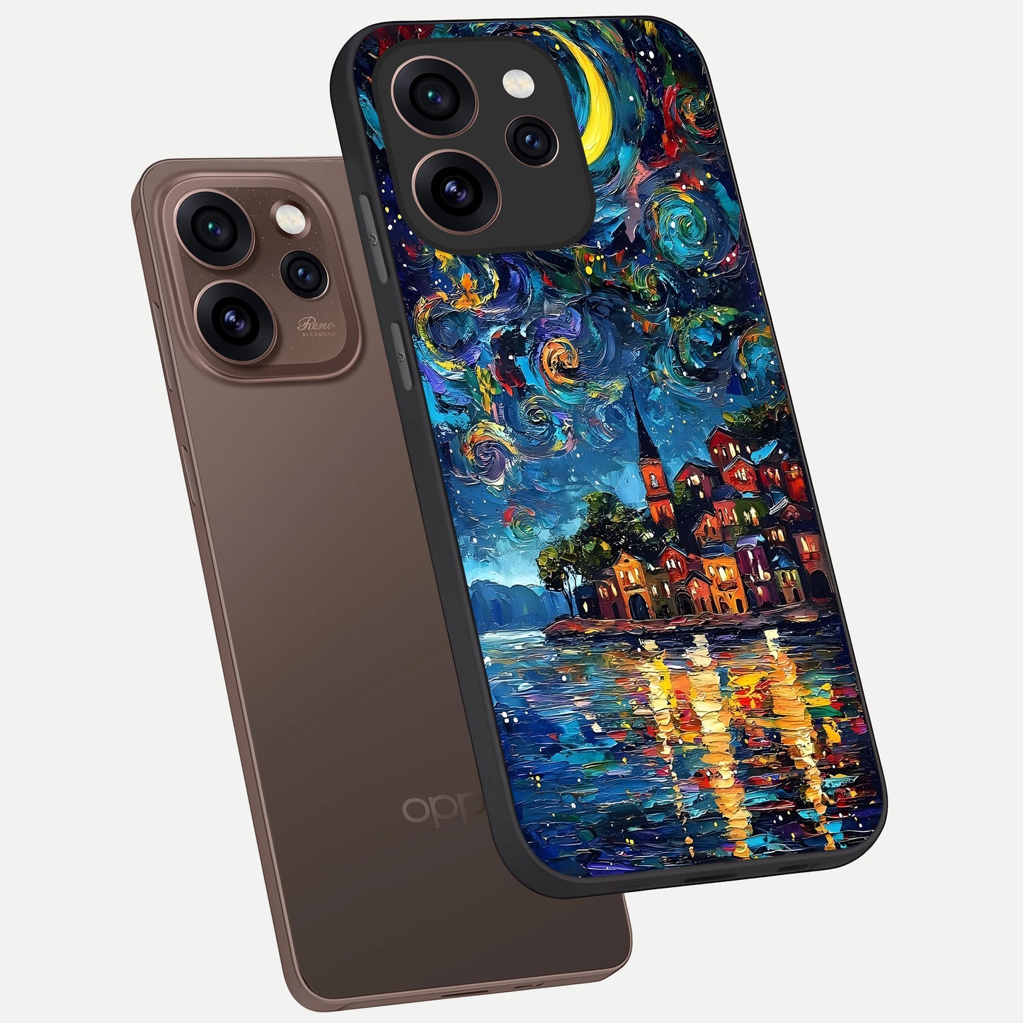  Moonlight Harbor Glow phone case For Oppo Reno 15 Pro showing premium glass back cover with detailed artwork
