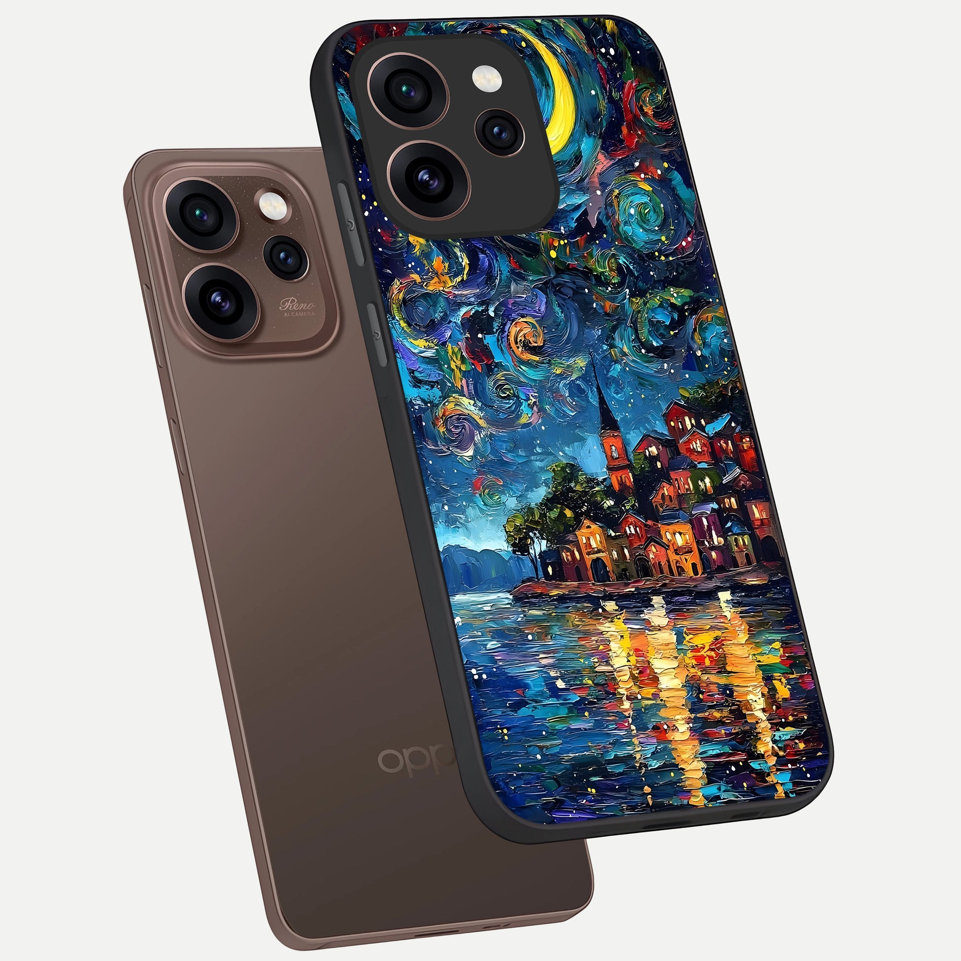  Moonlight Harbor Glow phone case For Oppo Reno 15 Pro showing premium glass back cover with detailed artwork