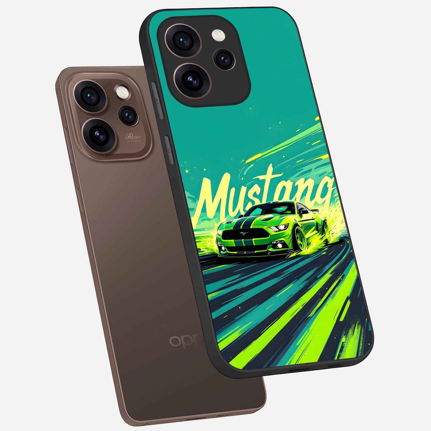  Mustang Bang phone case For Oppo Reno 15 Pro showing premium glass back cover with detailed artwork