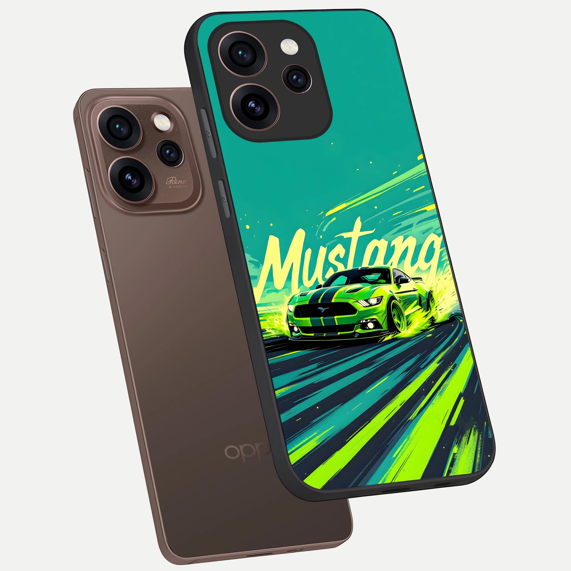 Mustang Bang phone case For Oppo Reno 15 Pro showing premium glass back cover with detailed artwork