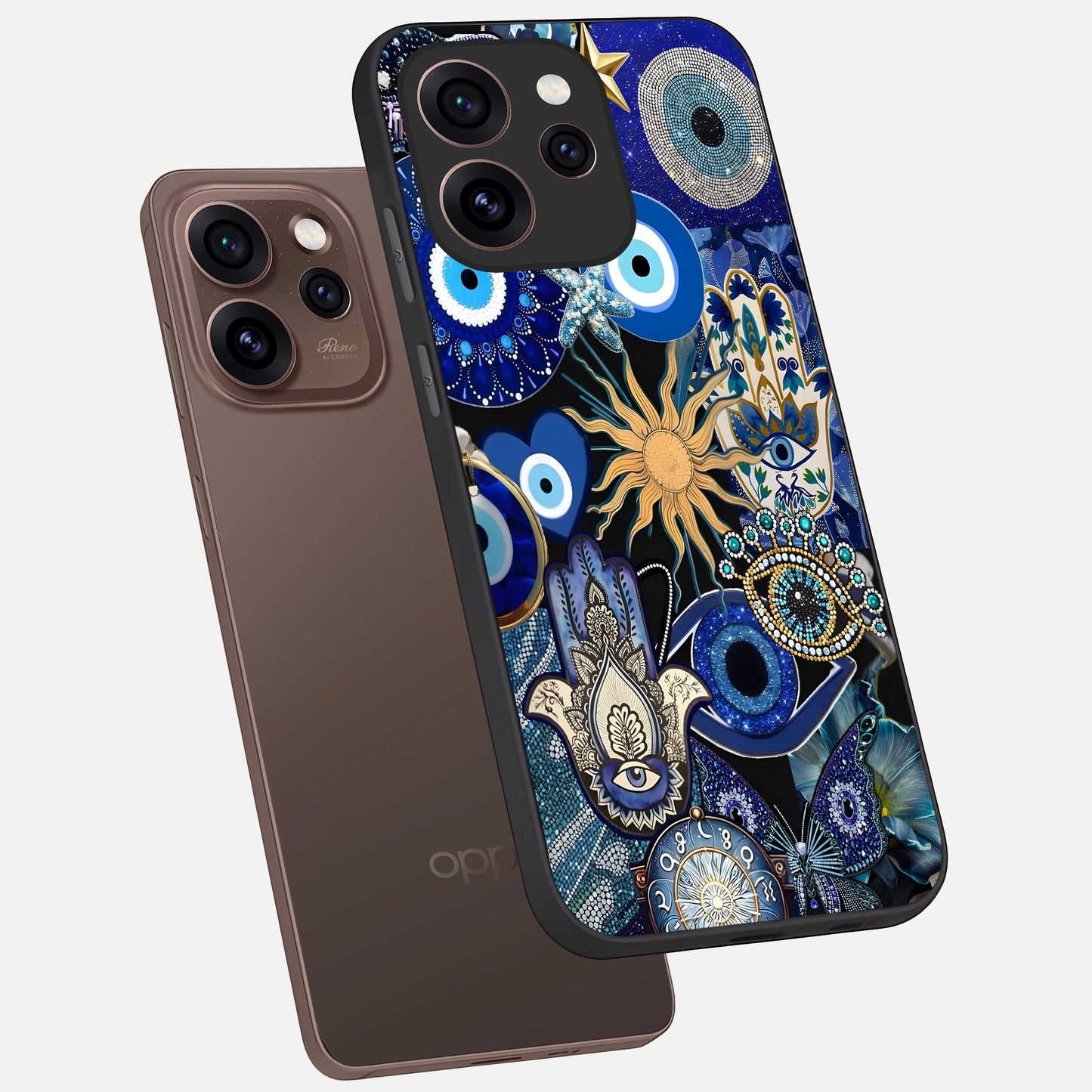  Mystic Blue Evil Eye phone case For Oppo Reno 15 Pro showing premium glass back cover with detailed artwork