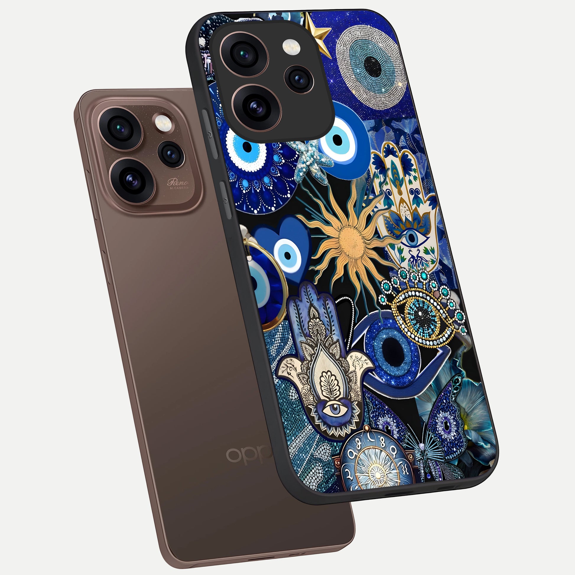  Mystic Blue Evil Eye phone case For Oppo Reno 15 Pro showing premium glass back cover with detailed artwork