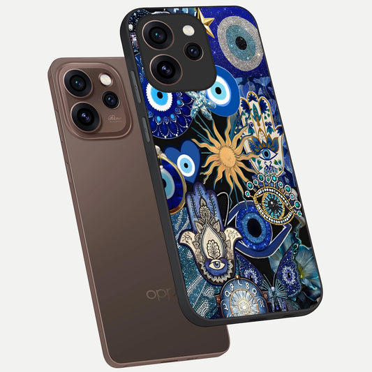  Mystic Blue Evil Eye phone case For Oppo Reno 15 Pro showing premium glass back cover with detailed artwork