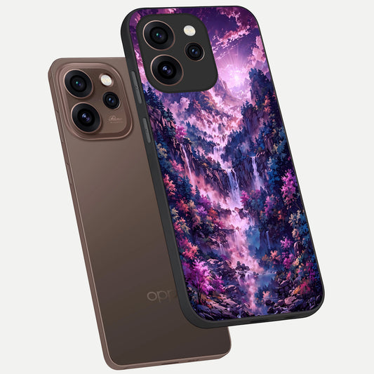  Mystic Cascade Peaks phone case For Oppo Reno 15 Pro showing premium glass back cover with detailed artwork