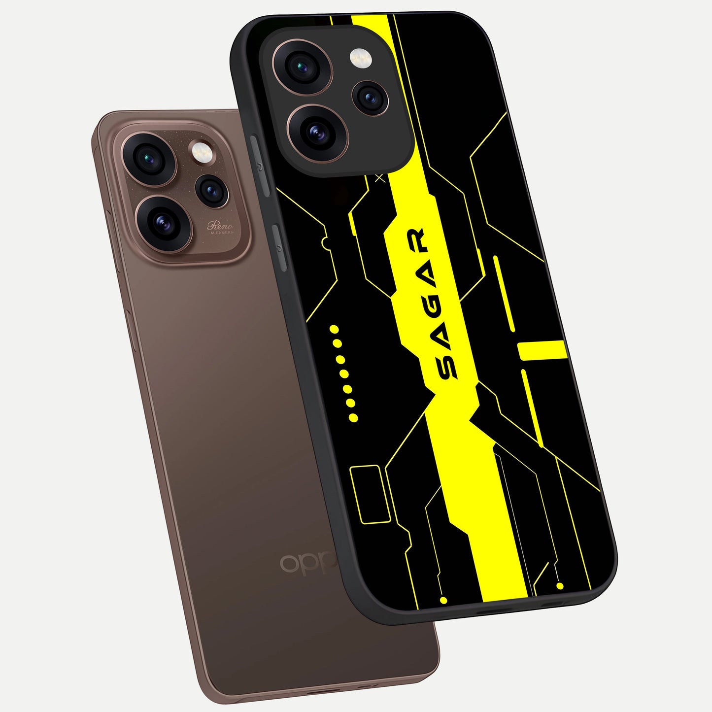  Neon CYBERPUNK Custom Name phone case For Oppo Reno 15 Pro showing premium glass back cover with detailed artwork
