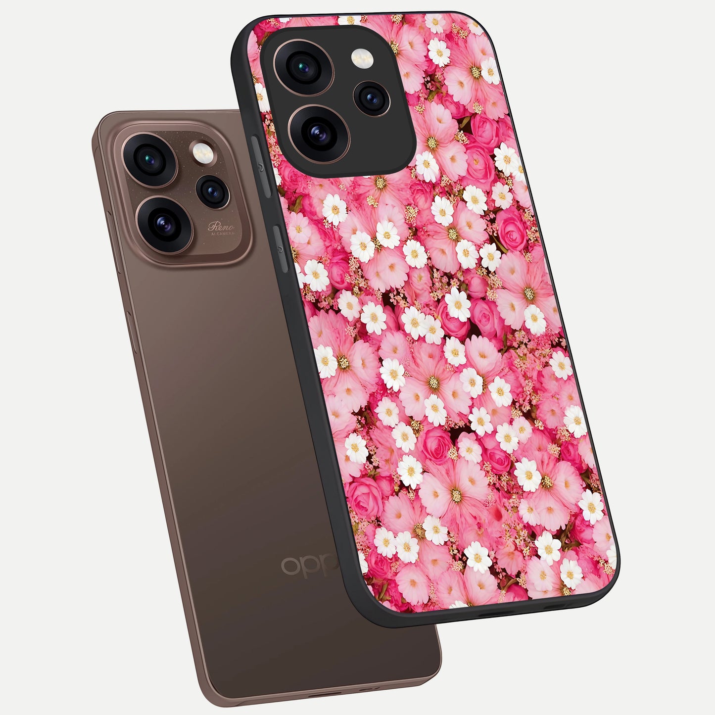  Pink Daisy Bliss phone case For Oppo Reno 15 Pro showing premium glass back cover with detailed artwork