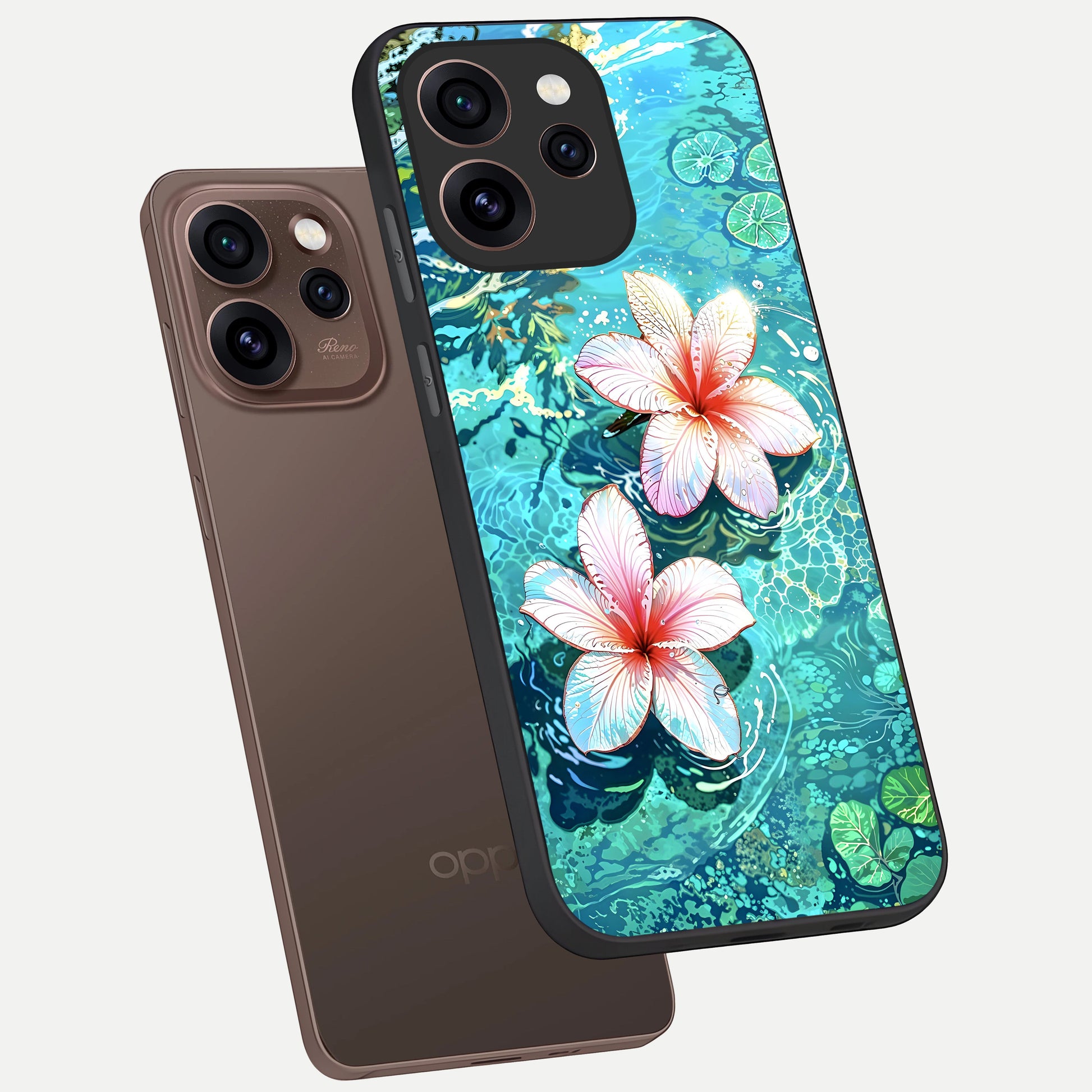 Pink Flowers in Water phone case For Oppo Reno 15 Pro showing premium glass back cover with detailed artwork