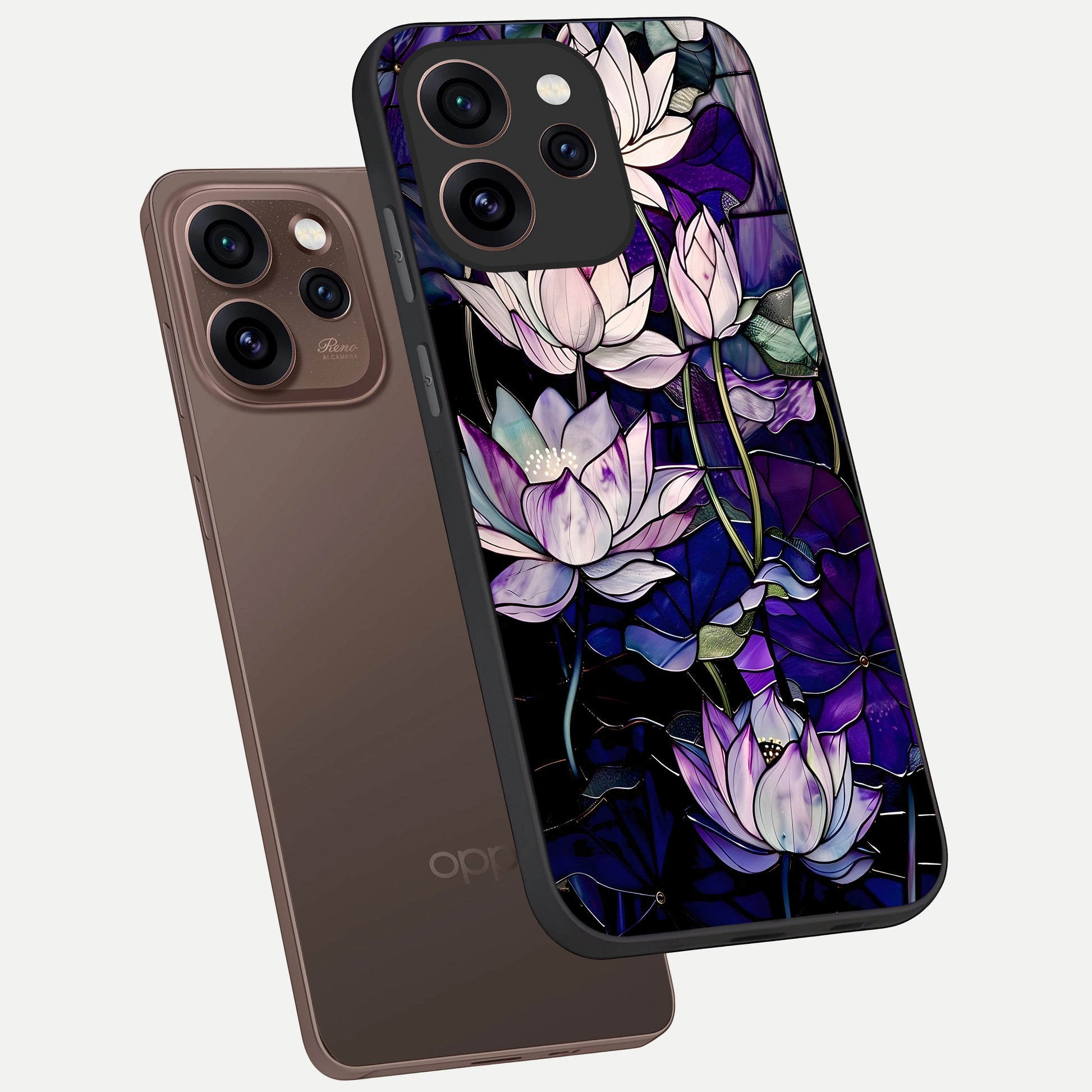  Purple Lotus Pattern phone case For Oppo Reno 15 Pro showing premium glass back cover with detailed artwork