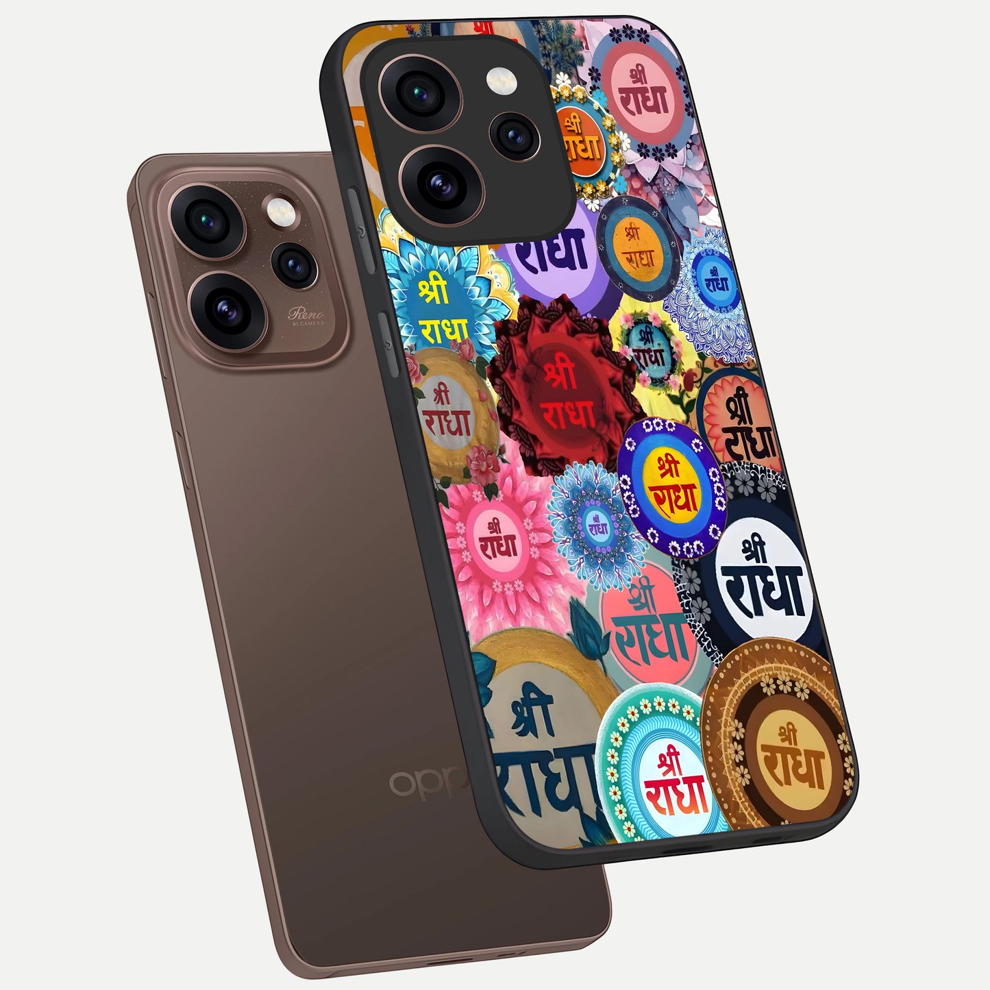  Radha Divine Bloom phone case For Oppo Reno 15 Pro showing premium glass back cover with detailed artwork