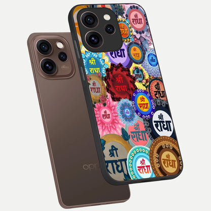  Radha Divine Bloom phone case For Oppo Reno 15 Pro showing premium glass back cover with detailed artwork