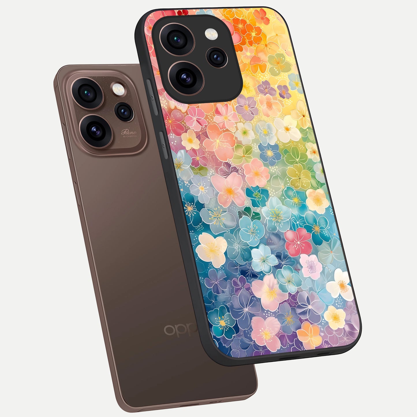  Rainbow Blossom Burst phone case For Oppo Reno 15 Pro showing premium glass back cover with detailed artwork