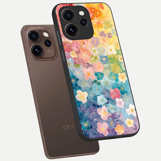  Rainbow Blossom Burst phone case For Oppo Reno 15 Pro showing premium glass back cover with detailed artwork