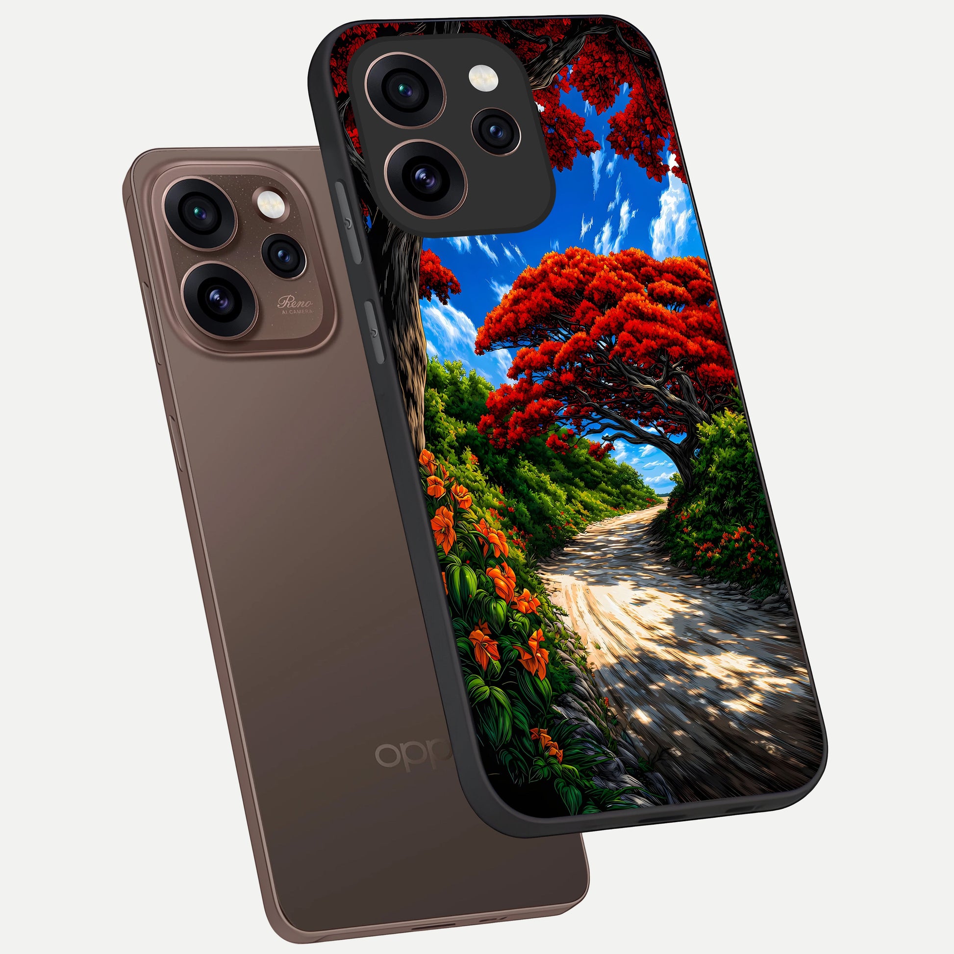  Red Trees Pathway phone case For Oppo Reno 15 Pro showing premium glass back cover with detailed artwork