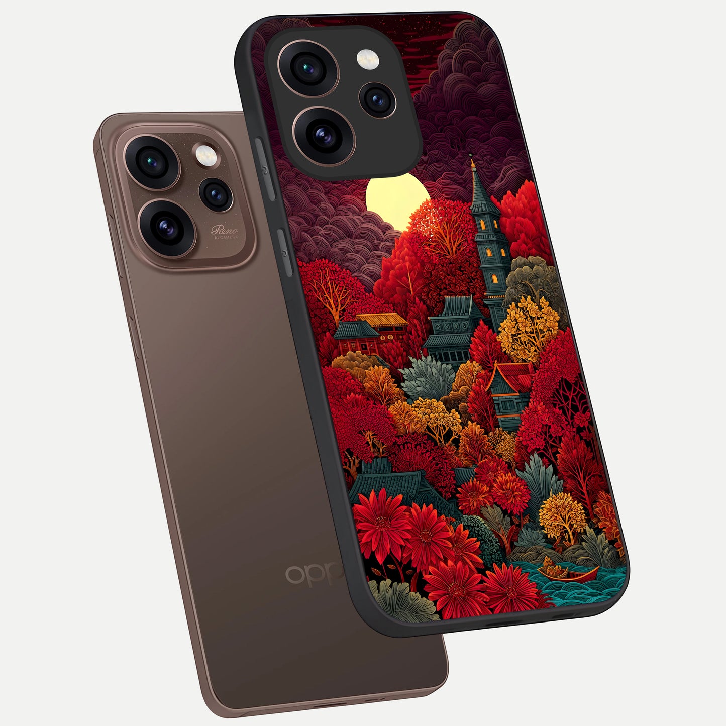  Scarlet Autumn Temple phone case For Oppo Reno 15 Pro showing premium glass back cover with detailed artwork