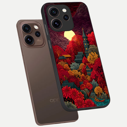  Scarlet Autumn Temple phone case For Oppo Reno 15 Pro showing premium glass back cover with detailed artwork