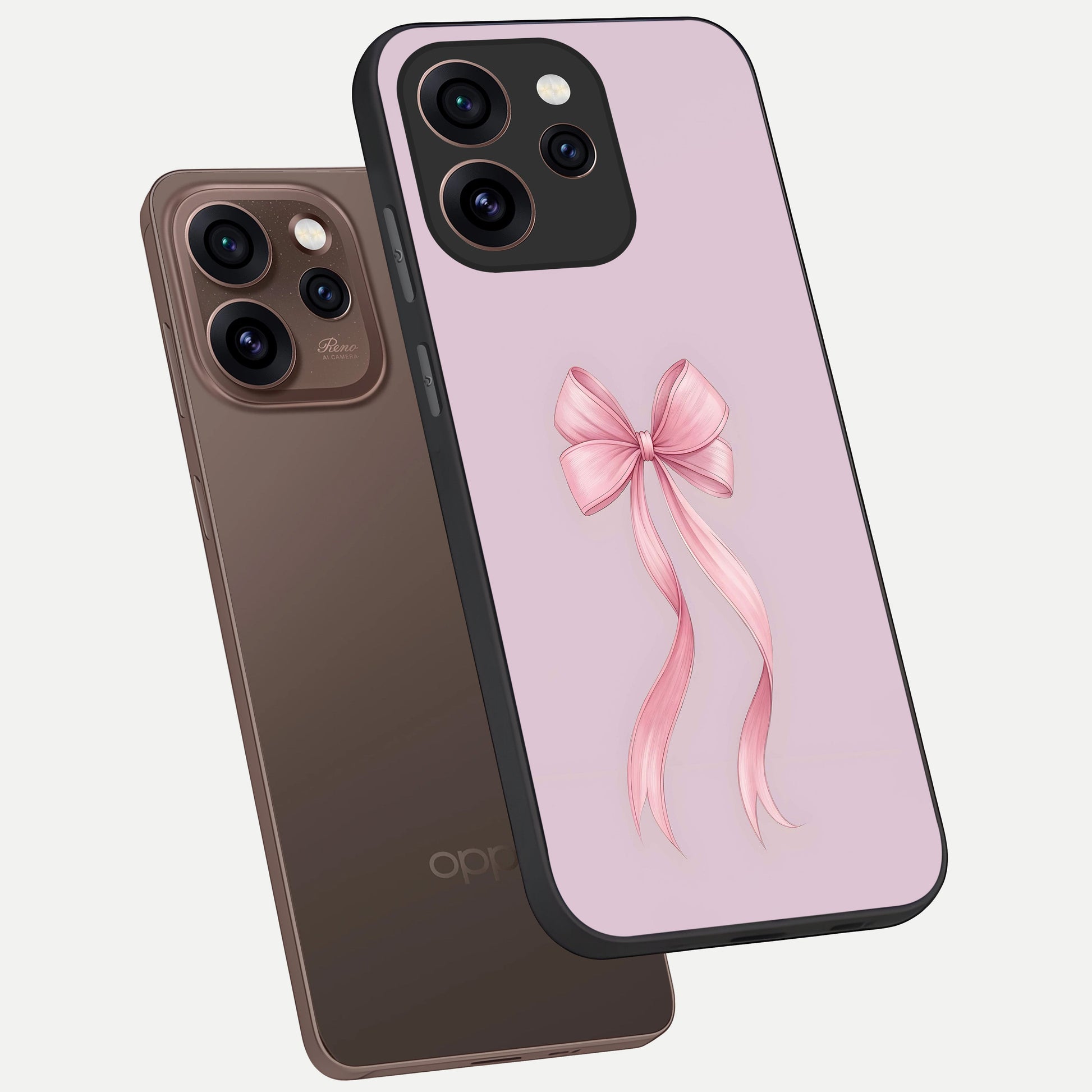  Soft Blush Bow phone case For Oppo Reno 15 Pro showing premium glass back cover with detailed artwork