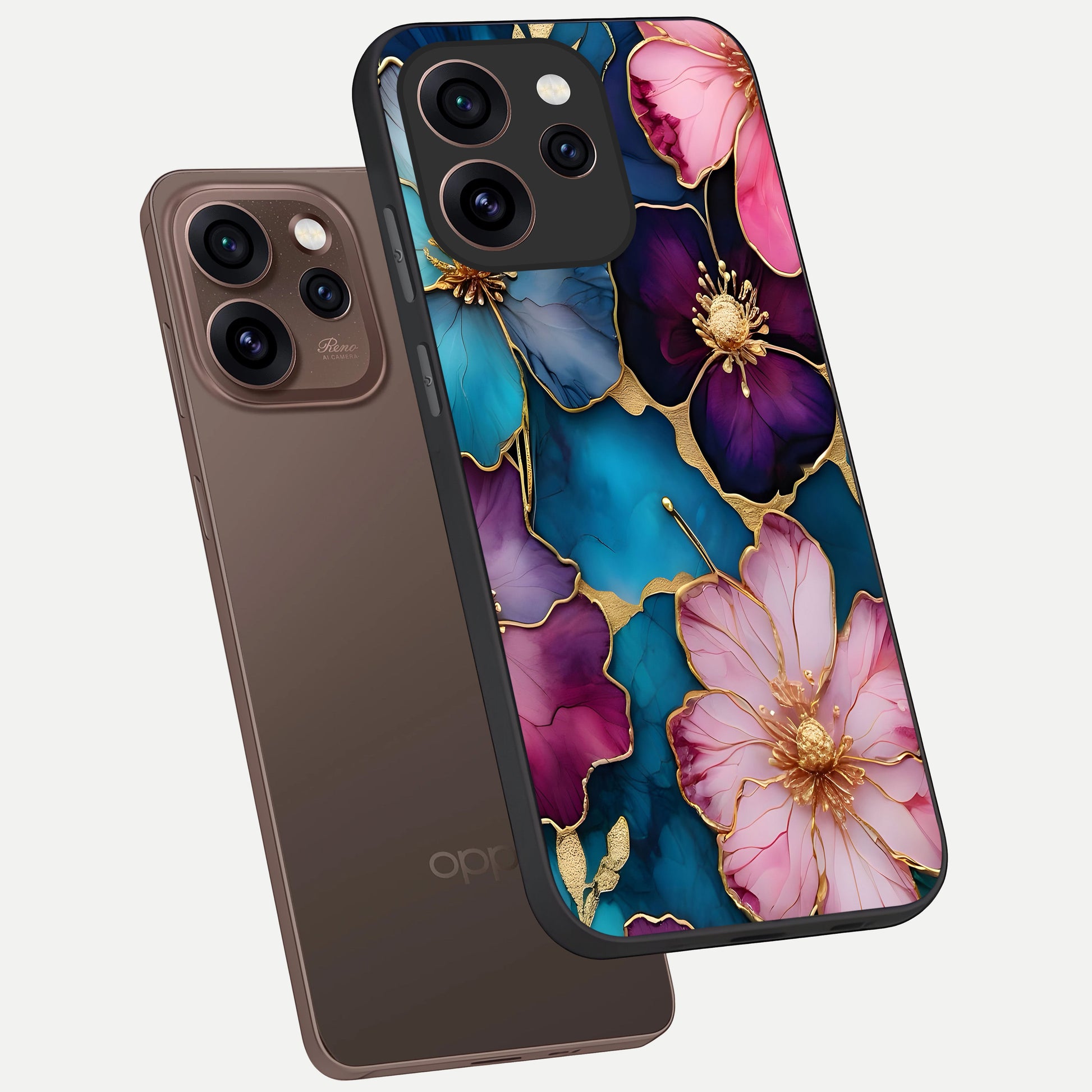  Sparkle Floral phone case For Oppo Reno 15 Pro showing premium glass back cover with detailed artwork