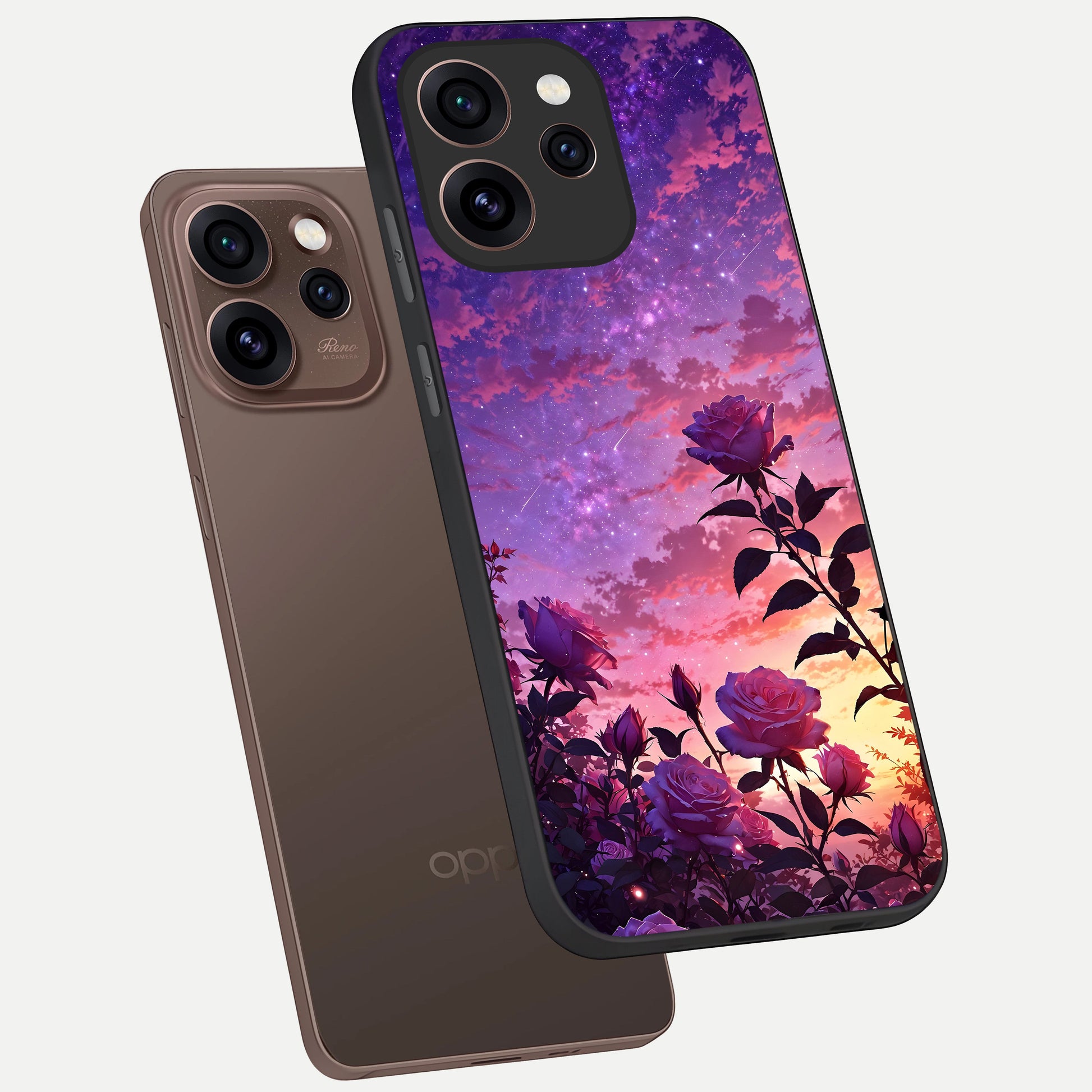  Starlit Rose Twilight phone case For Oppo Reno 15 Pro showing premium glass back cover with detailed artwork