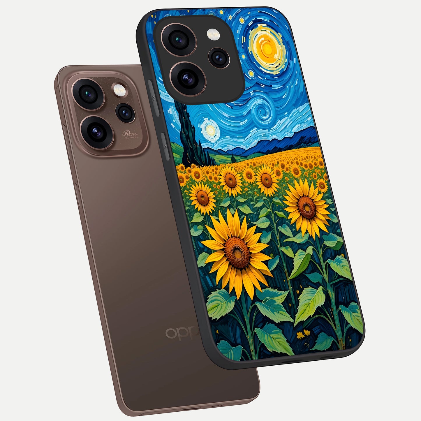  Starry Sunflower Dreams phone case For Oppo Reno 15 Pro showing premium glass back cover with detailed artwork