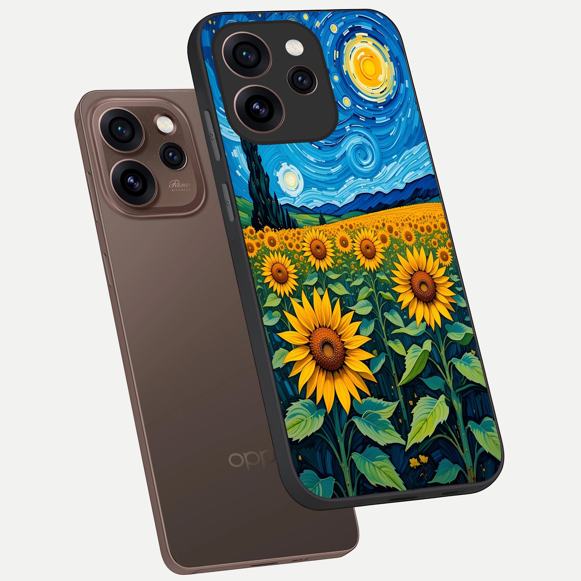  Starry Sunflower Dreams phone case For Oppo Reno 15 Pro showing premium glass back cover with detailed artwork