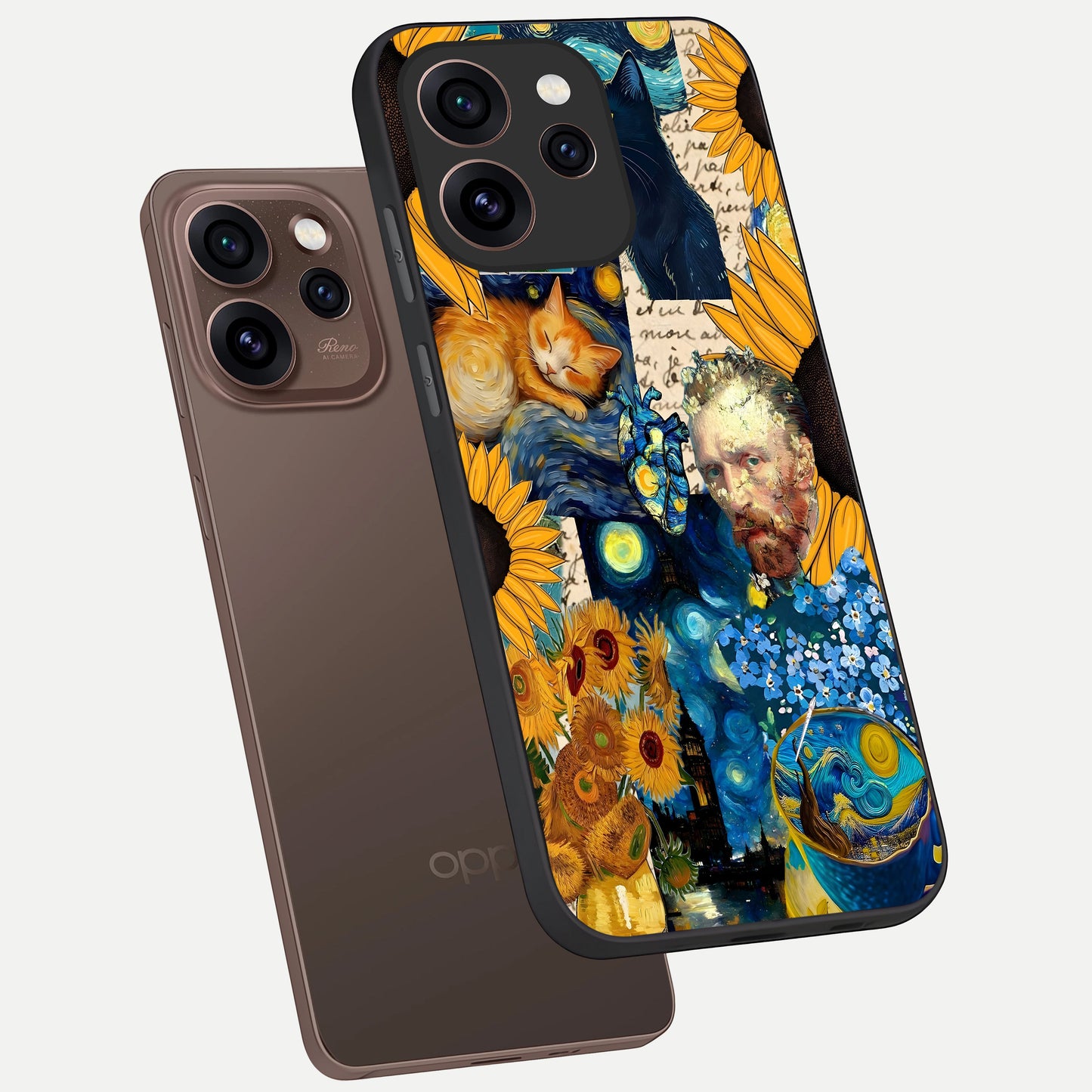  Sunflower Chic Mood Custom Name phone case For Oppo Reno 15 Pro showing premium glass back cover with detailed artwork