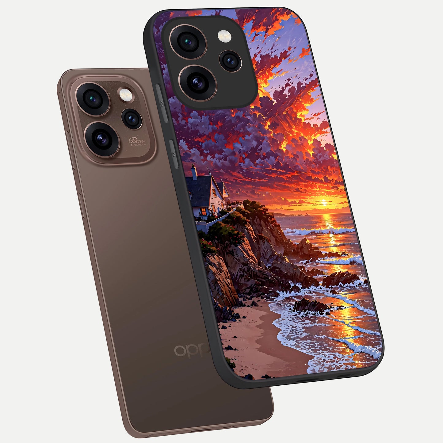  Sunset House By Sea phone case For Oppo Reno 15 Pro showing premium glass back cover with detailed artwork
