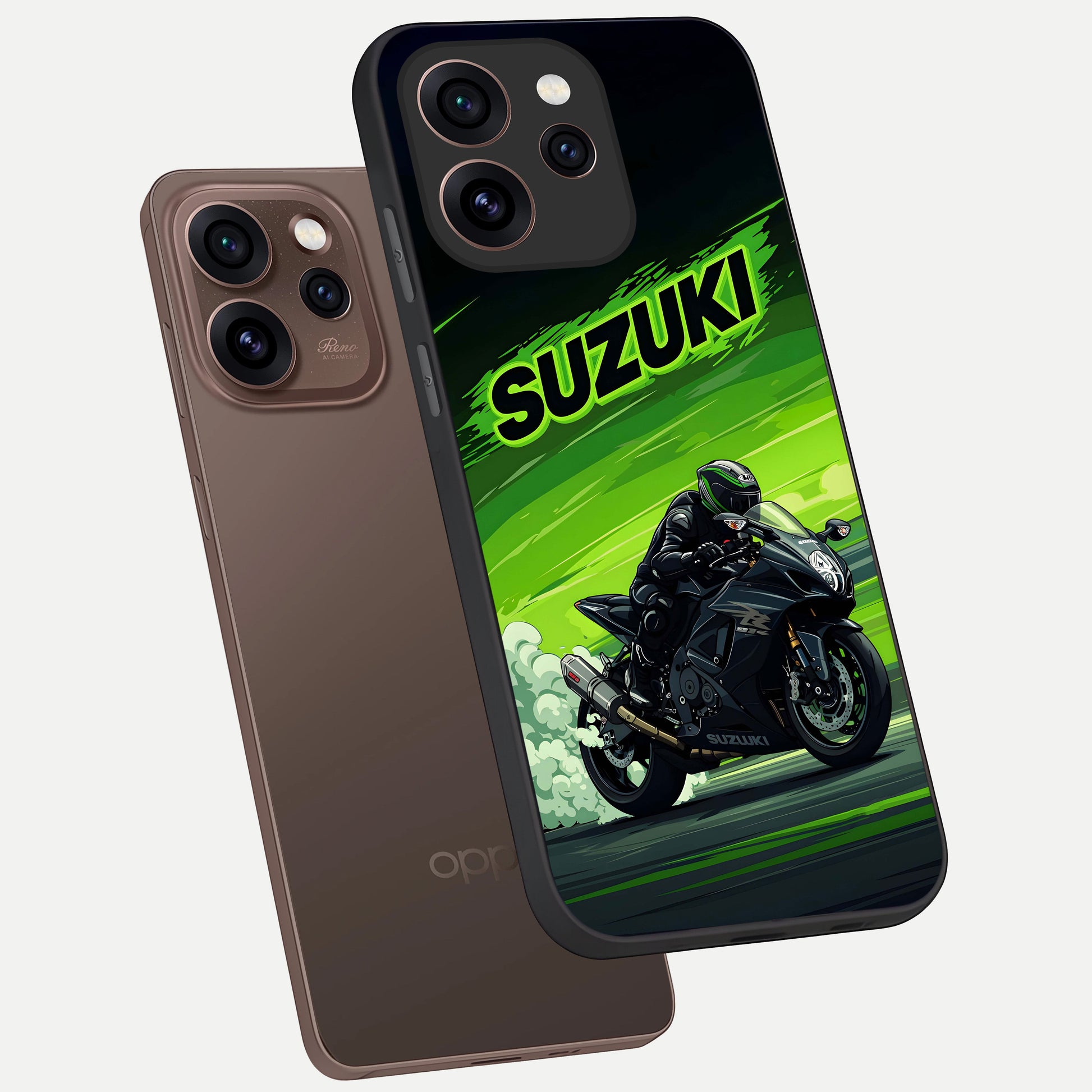  Suzuki Speed Beast phone case For Oppo Reno 15 Pro showing premium glass back cover with detailed artwork