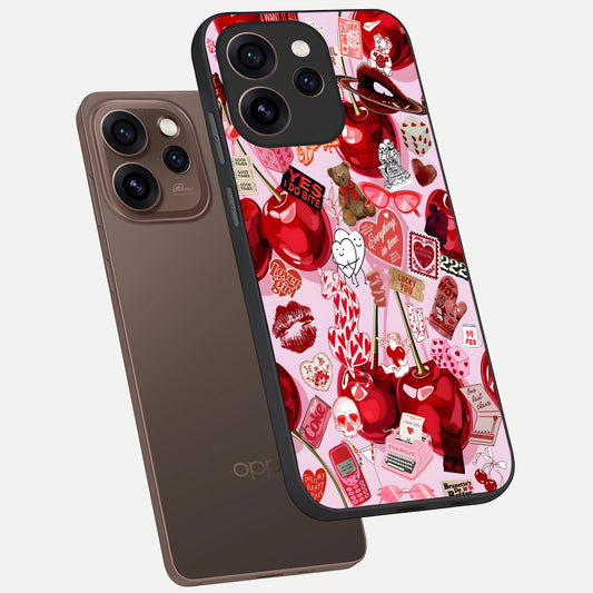  Sweet Cherry Chaos phone case For Oppo Reno 15 Pro showing premium glass back cover with detailed artwork