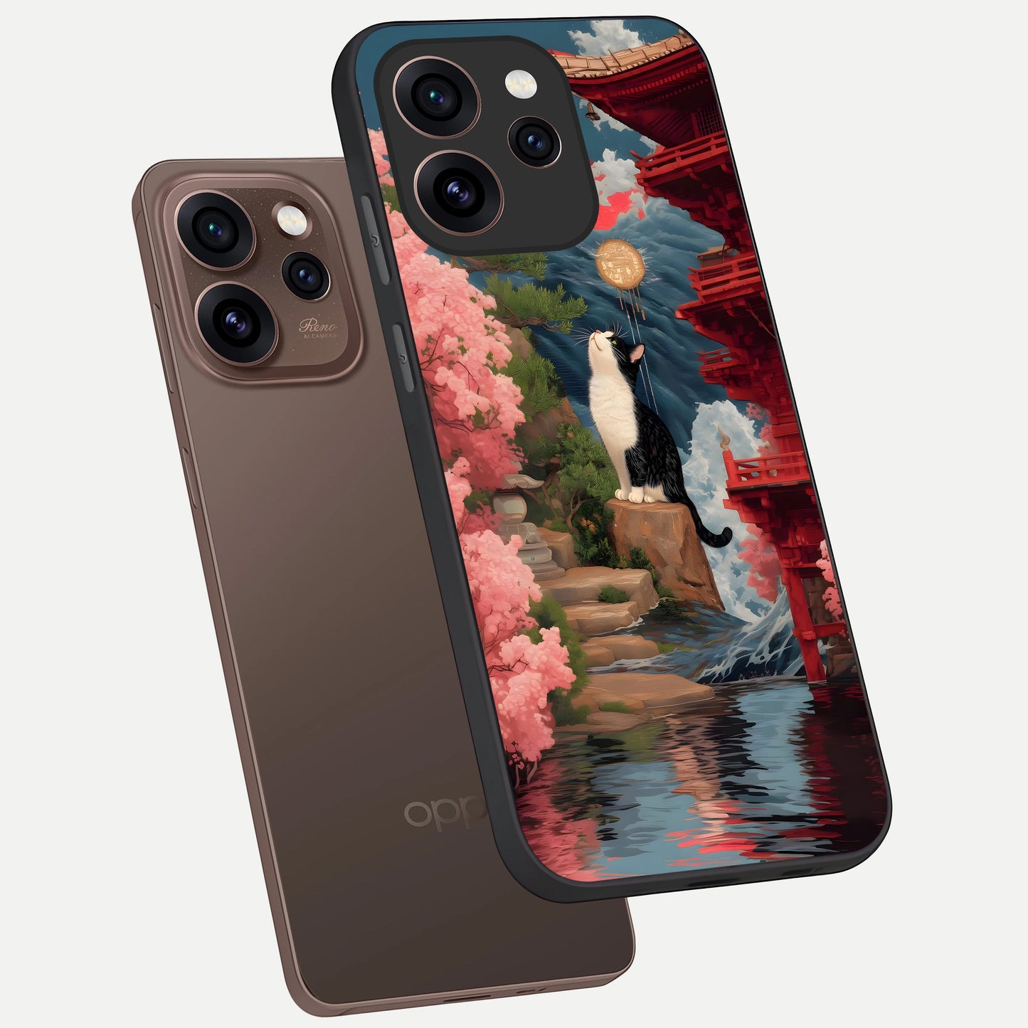  Temple Cat Scenery phone case For Oppo Reno 15 Pro showing premium glass back cover with detailed artwork