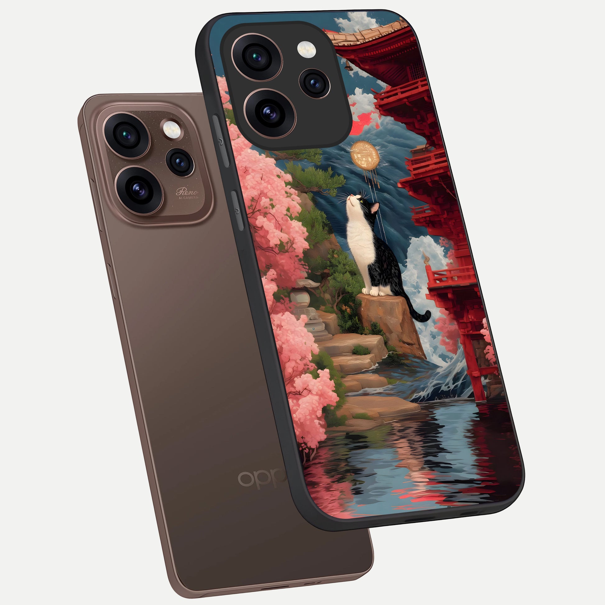  Temple Cat Scenery phone case For Oppo Reno 15 Pro showing premium glass back cover with detailed artwork