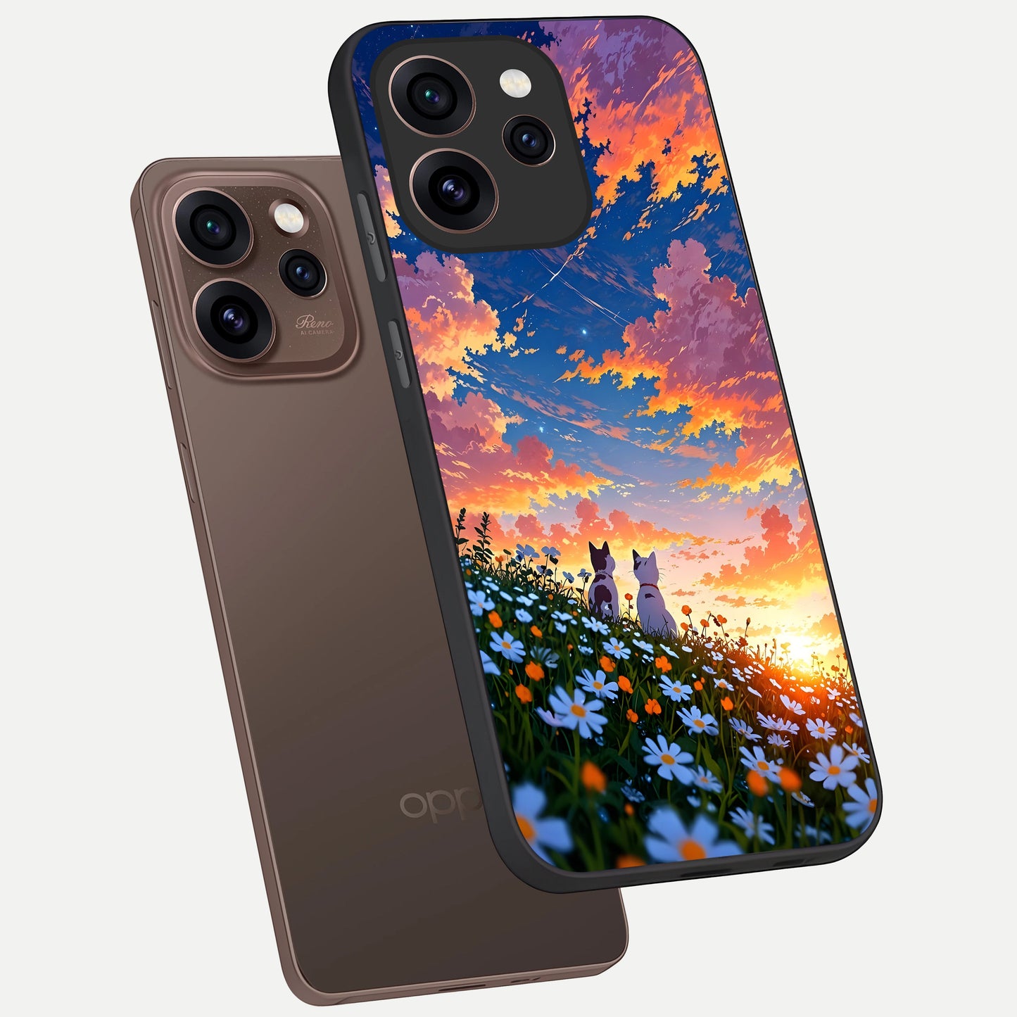  Two Cats Friends phone case For Oppo Reno 15 Pro showing premium glass back cover with detailed artwork