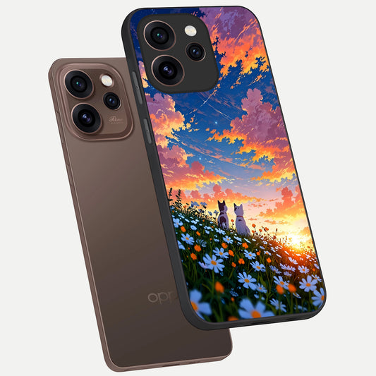  Two Cats Friends phone case For Oppo Reno 15 Pro showing premium glass back cover with detailed artwork